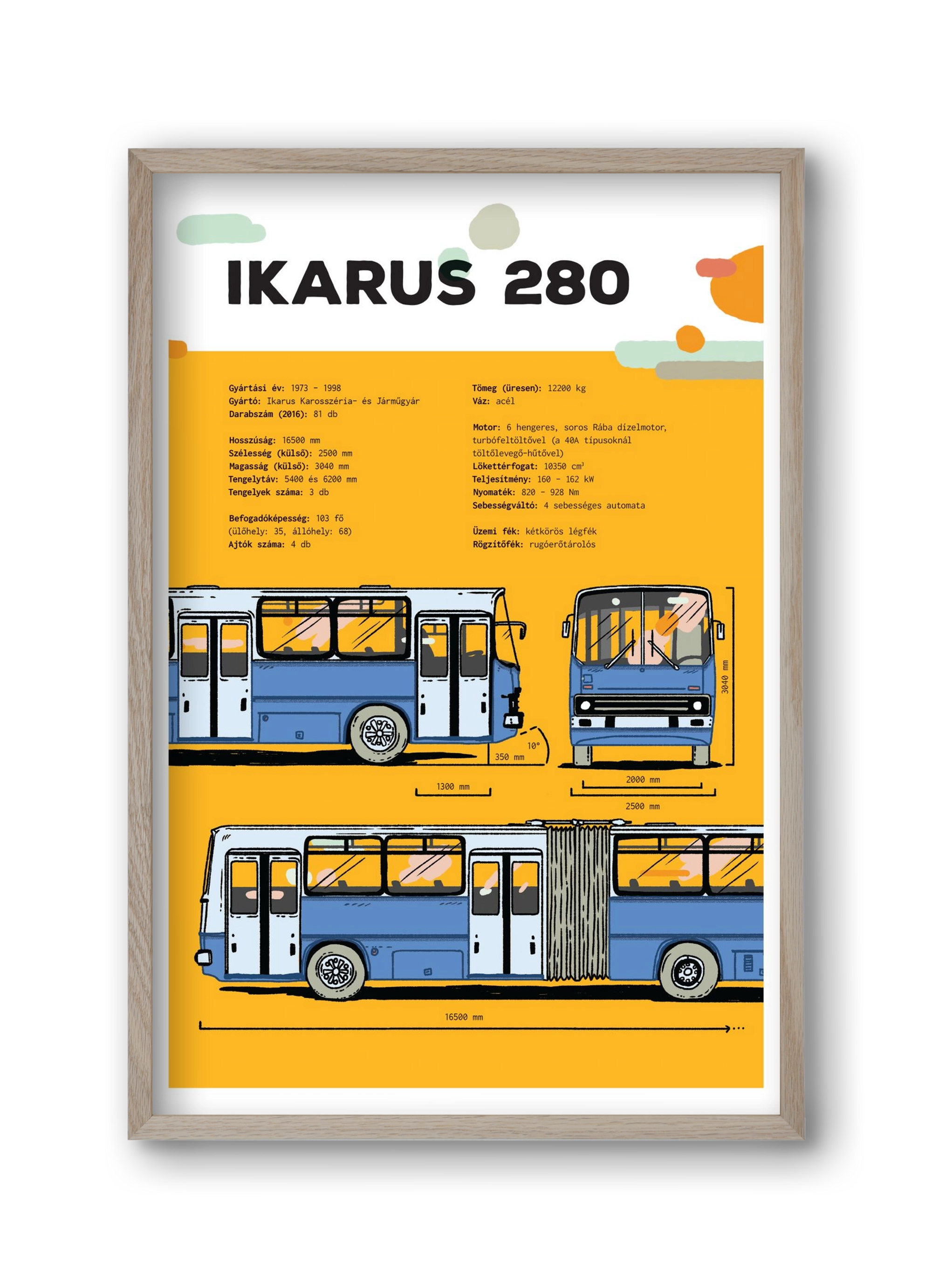 Ikarus 280 jellegrajz, 30x45 cm (30x45 cm), Tölgy keret