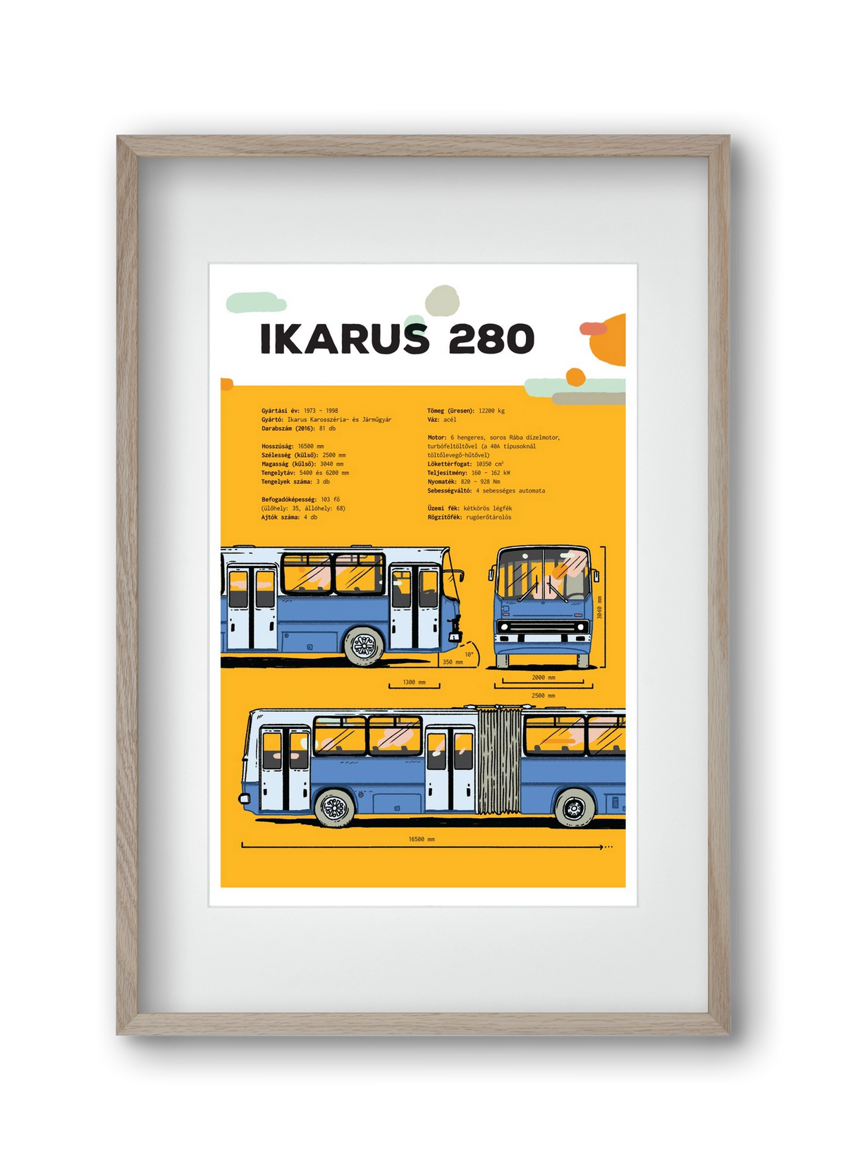 Ikarus 280 jellegrajz, 30x45 cm (20x30 cm), Tölgy keret, paszpartuval