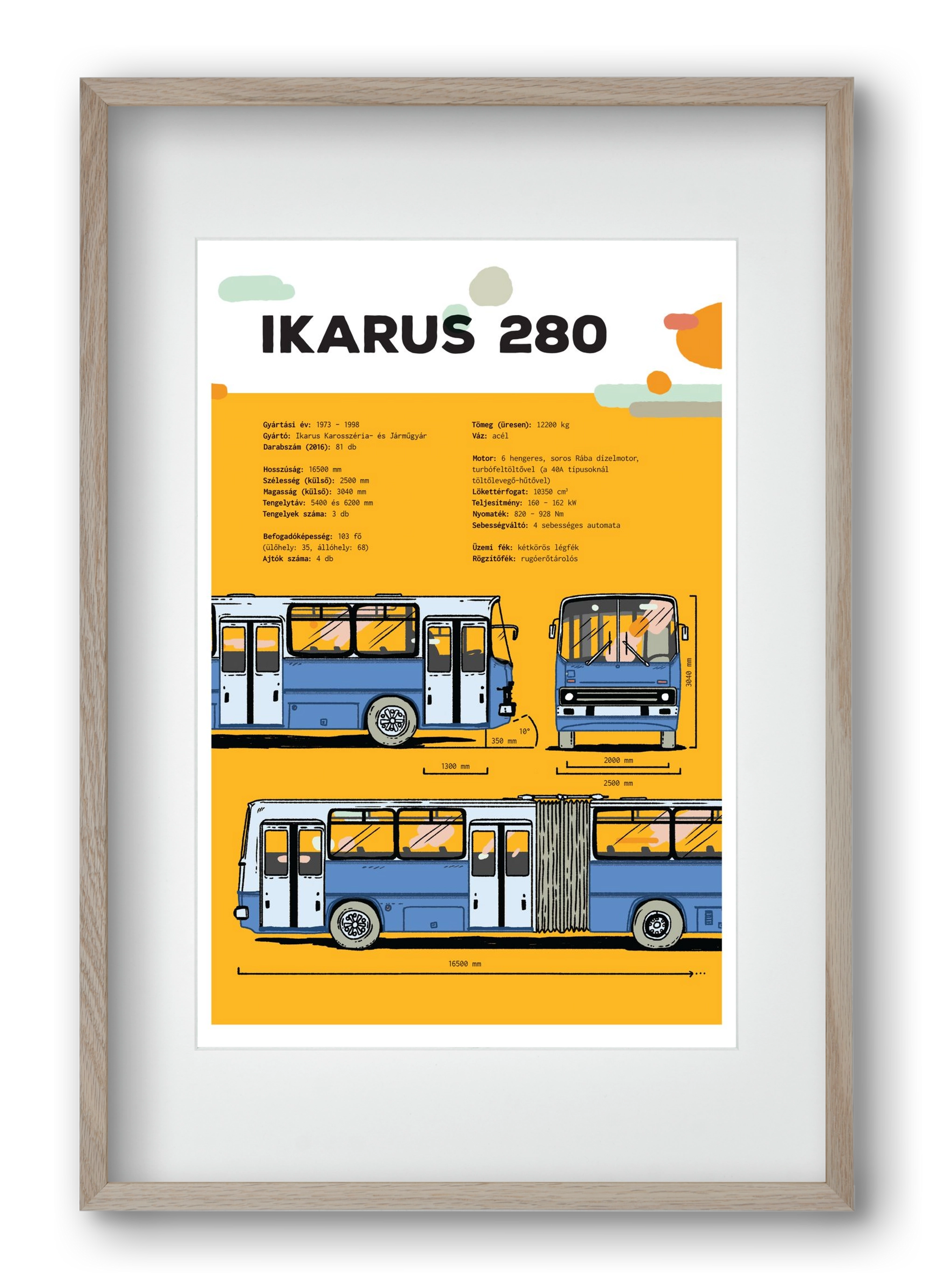 Ikarus 280 jellegrajz, 40x60 cm (30x45 cm), Tölgy keret, paszpartuval