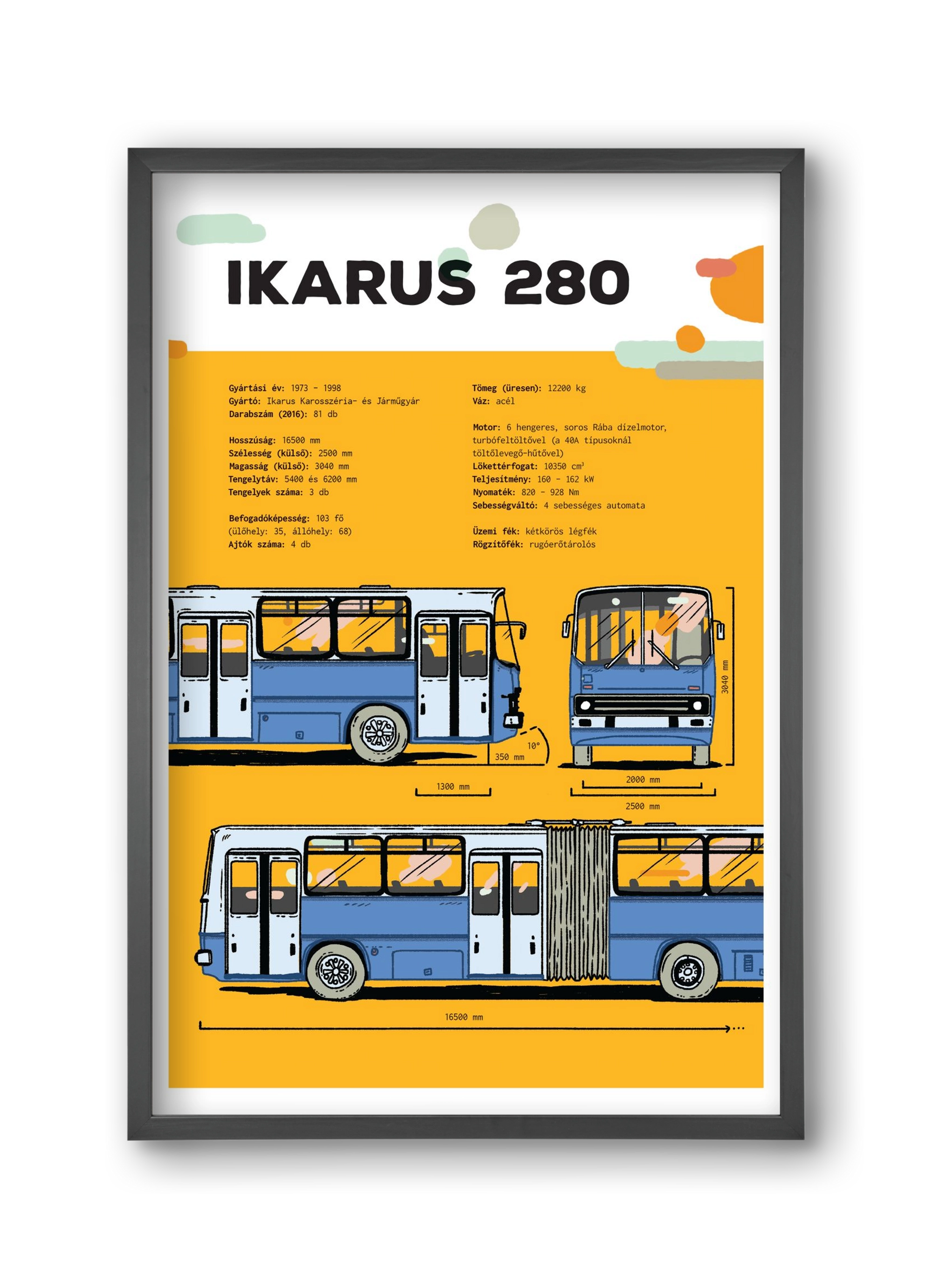 Ikarus 280 jellegrajz, 30x45 cm (30x45 cm), Fekete keret