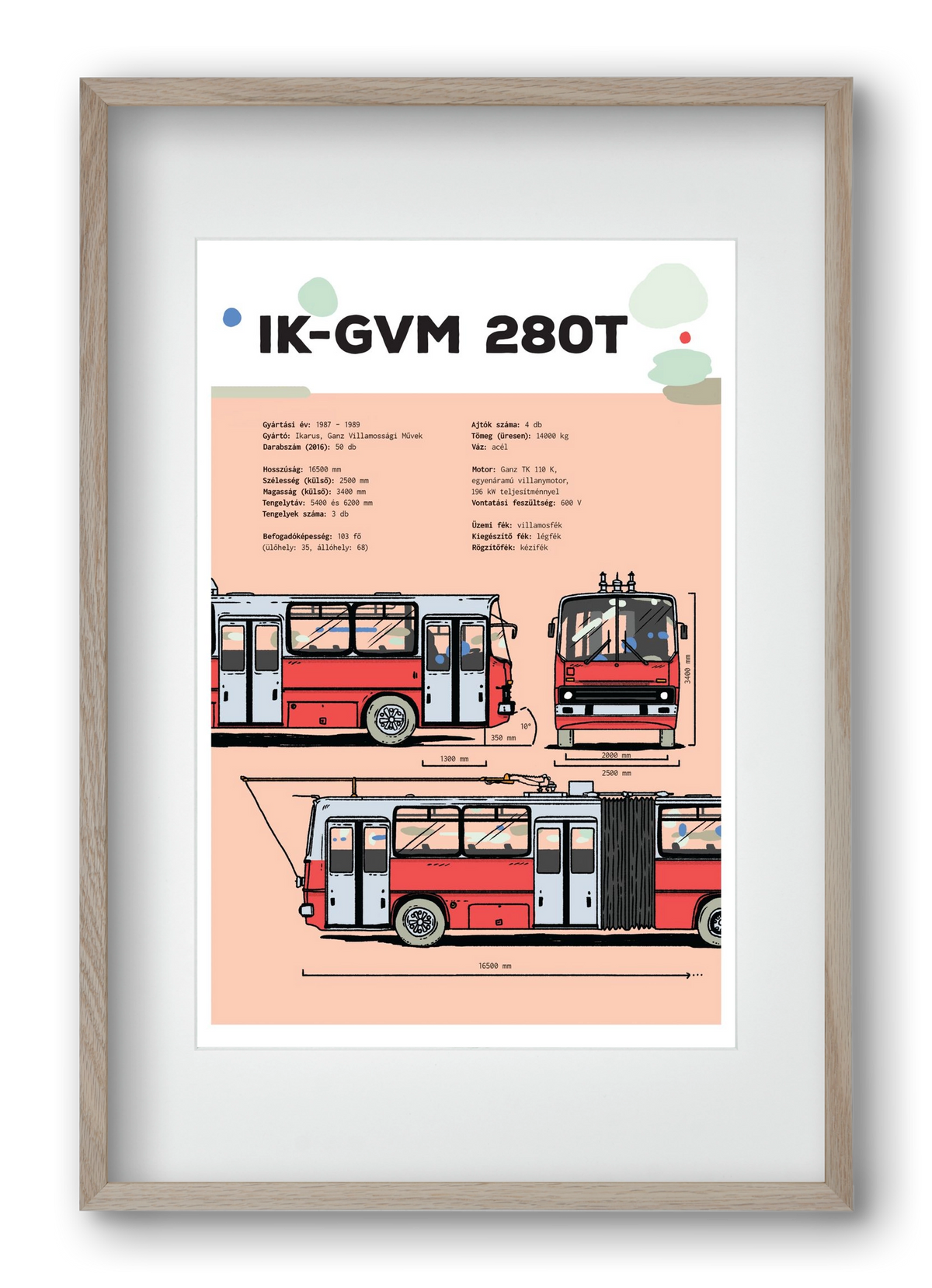 Troli (IK-GVM 280T) jellegrajz, 40x60 cm (30x45 cm), Tölgy keret, paszpartuval