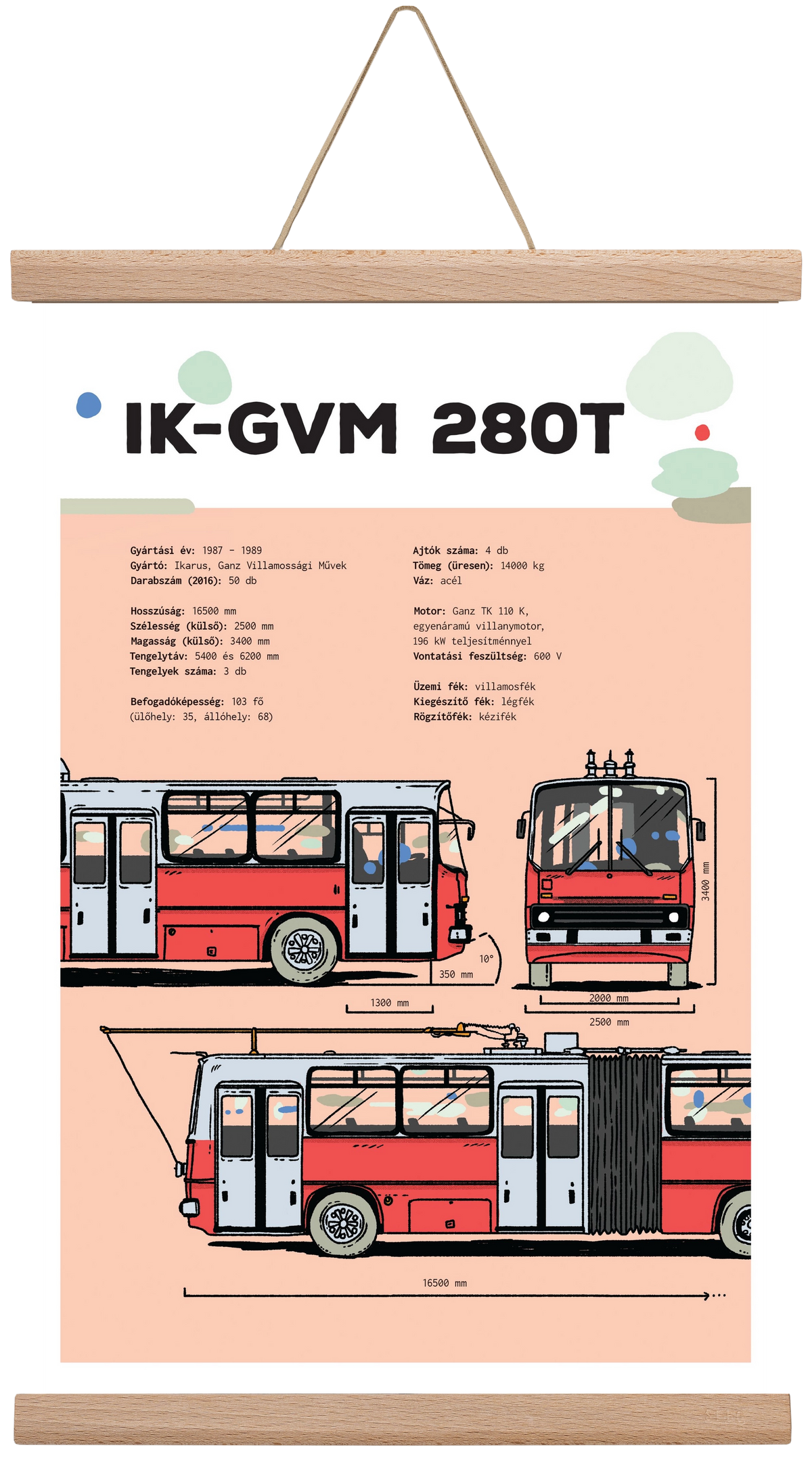 Troli (IK-GVM 280T) jellegrajz, 30x45 cm (30x45 cm), Tölgy akasztó