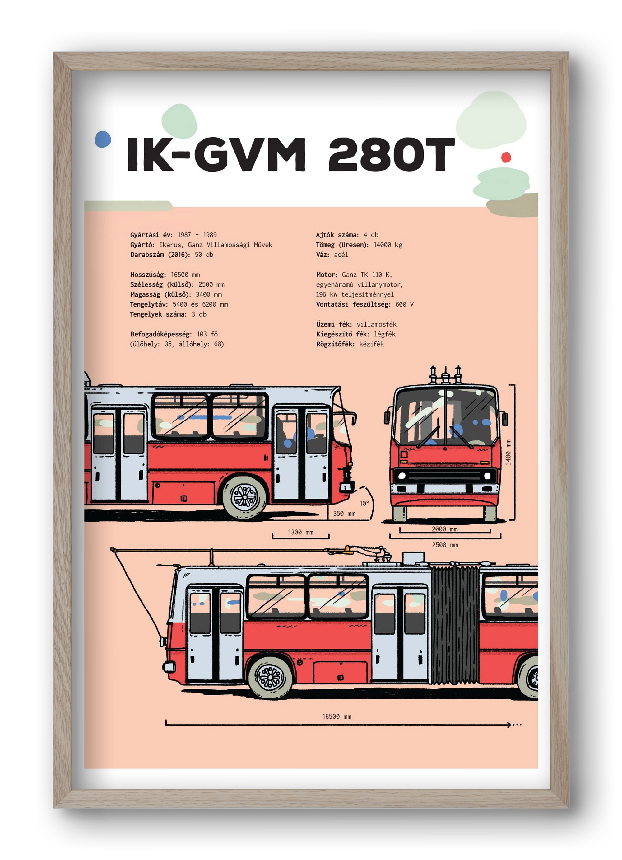 Troli (IK-GVM 280T) jellegrajz, 40x60 cm (40x60 cm), Tölgy keret