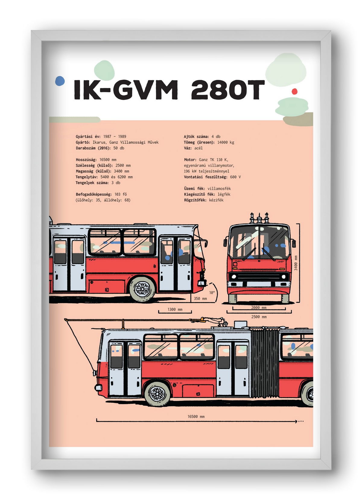 Troli (IK-GVM 280T) jellegrajz, 40x60 cm (40x60 cm), Fehér keret