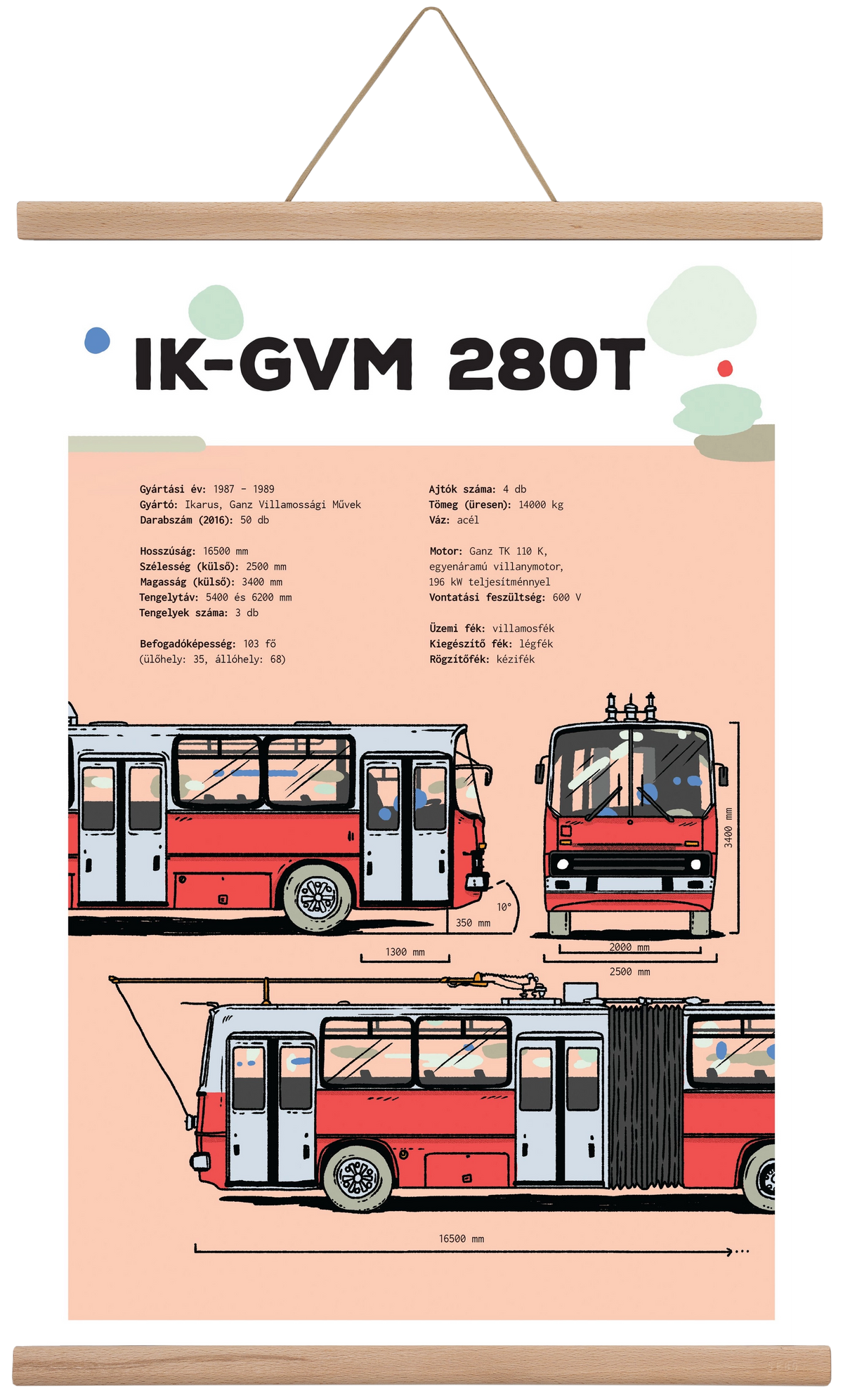 Troli (IK-GVM 280T) jellegrajz, 40x60 cm (40x60 cm), Tölgy akasztó