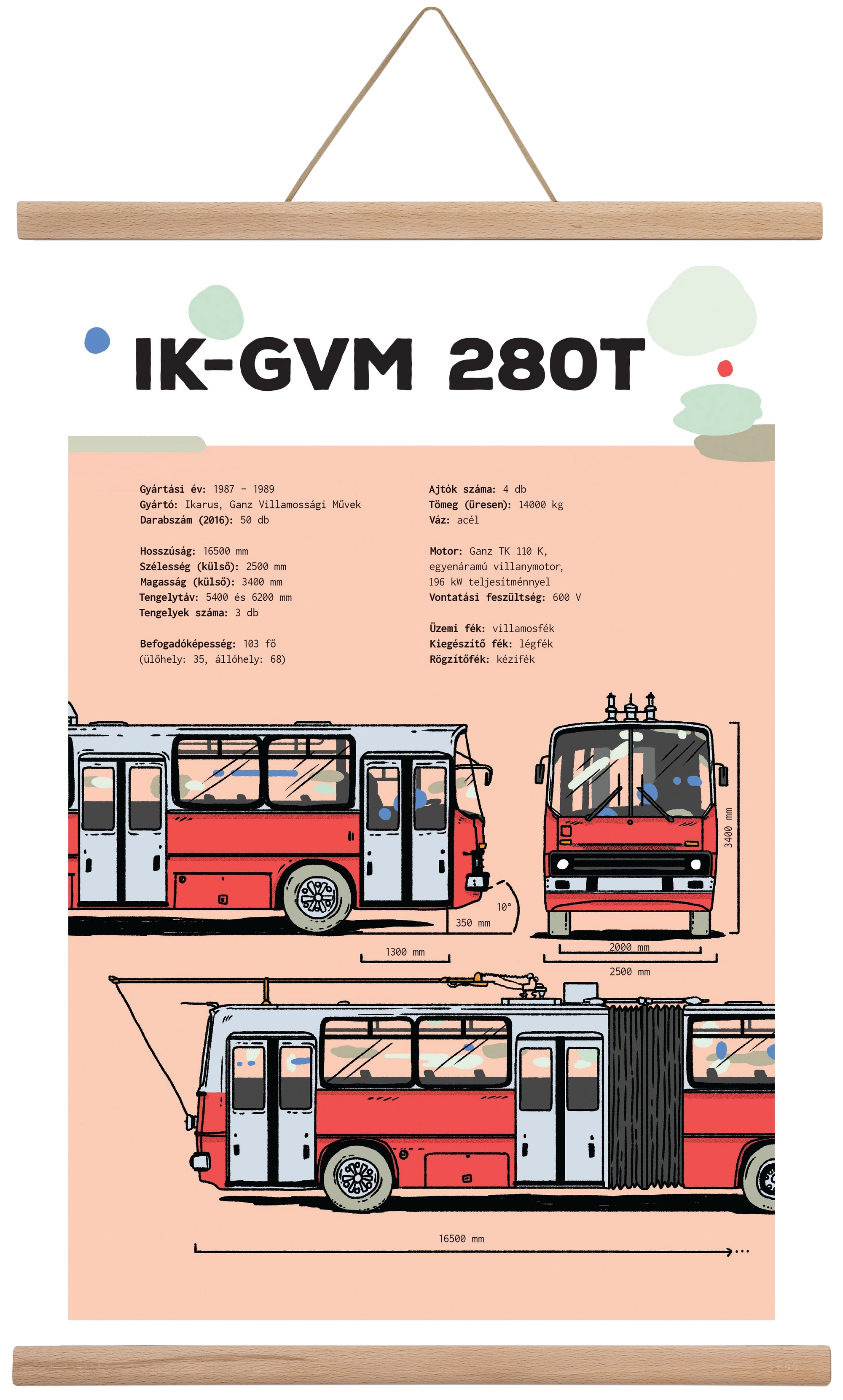 Troli (IK-GVM 280T) jellegrajz, 40x60 cm (40x60 cm), Tölgy akasztó