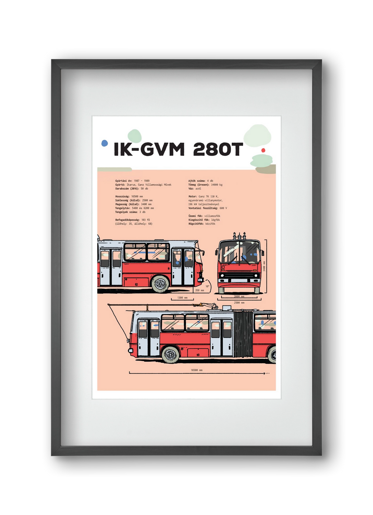 Troli (IK-GVM 280T) jellegrajz, 30x45 cm (20x30 cm), Fekete keret, paszpartuval