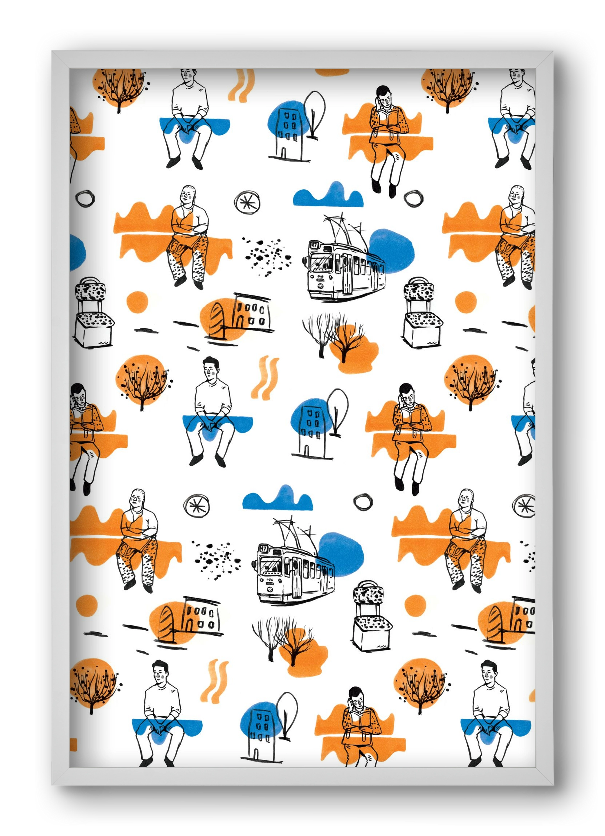 Utasok és villamosok, 40x60 cm (40x60 cm), Fehér keret