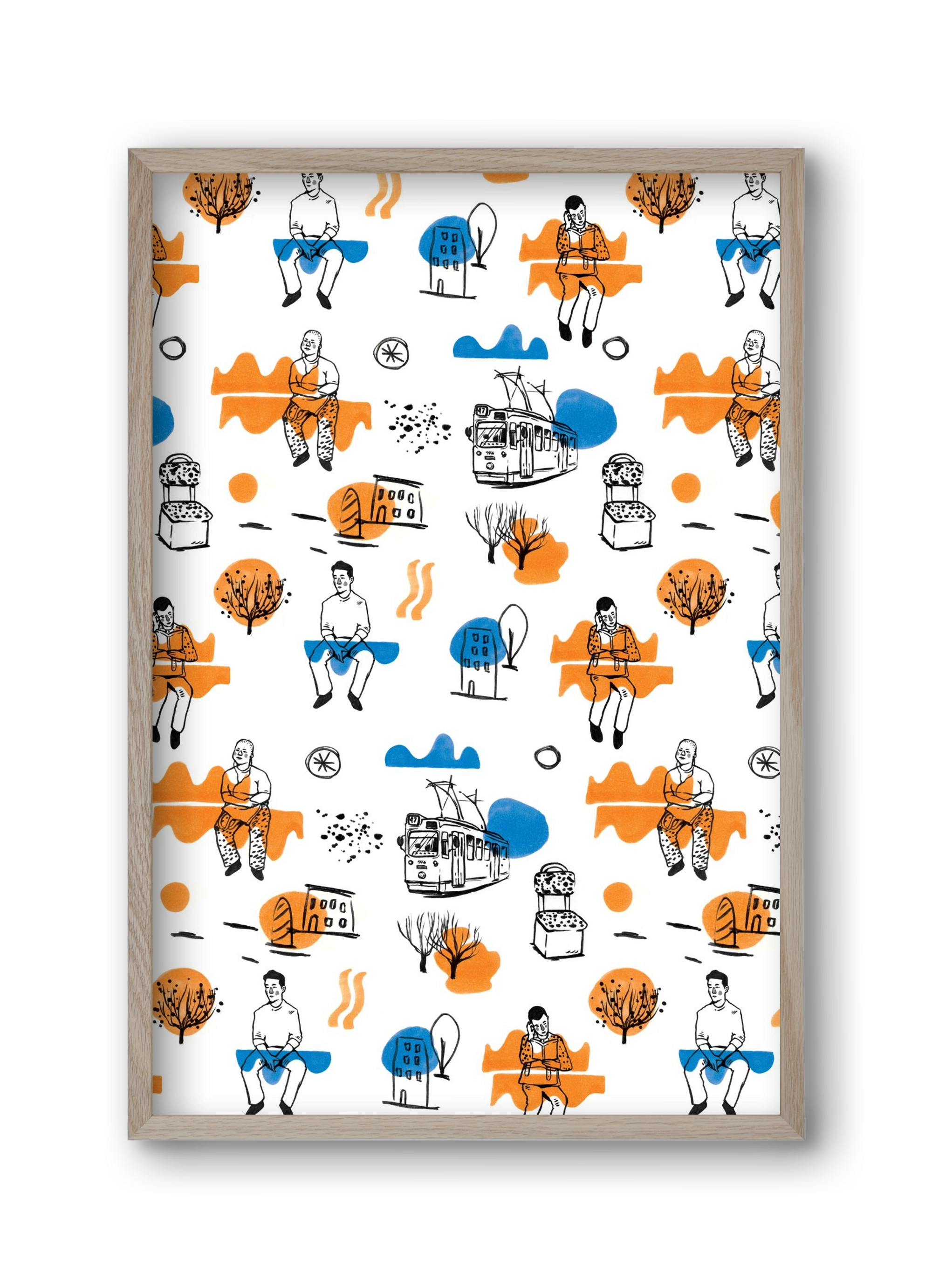 Utasok és villamosok, 30x45 cm (30x45 cm), Tölgy keret