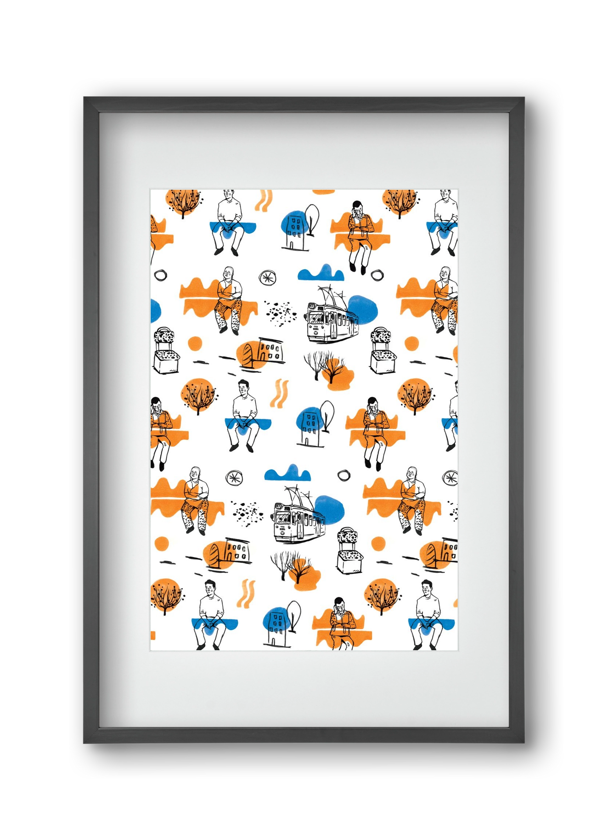 Utasok és villamosok, 30x45 cm (20x30 cm), Fekete keret, paszpartuval