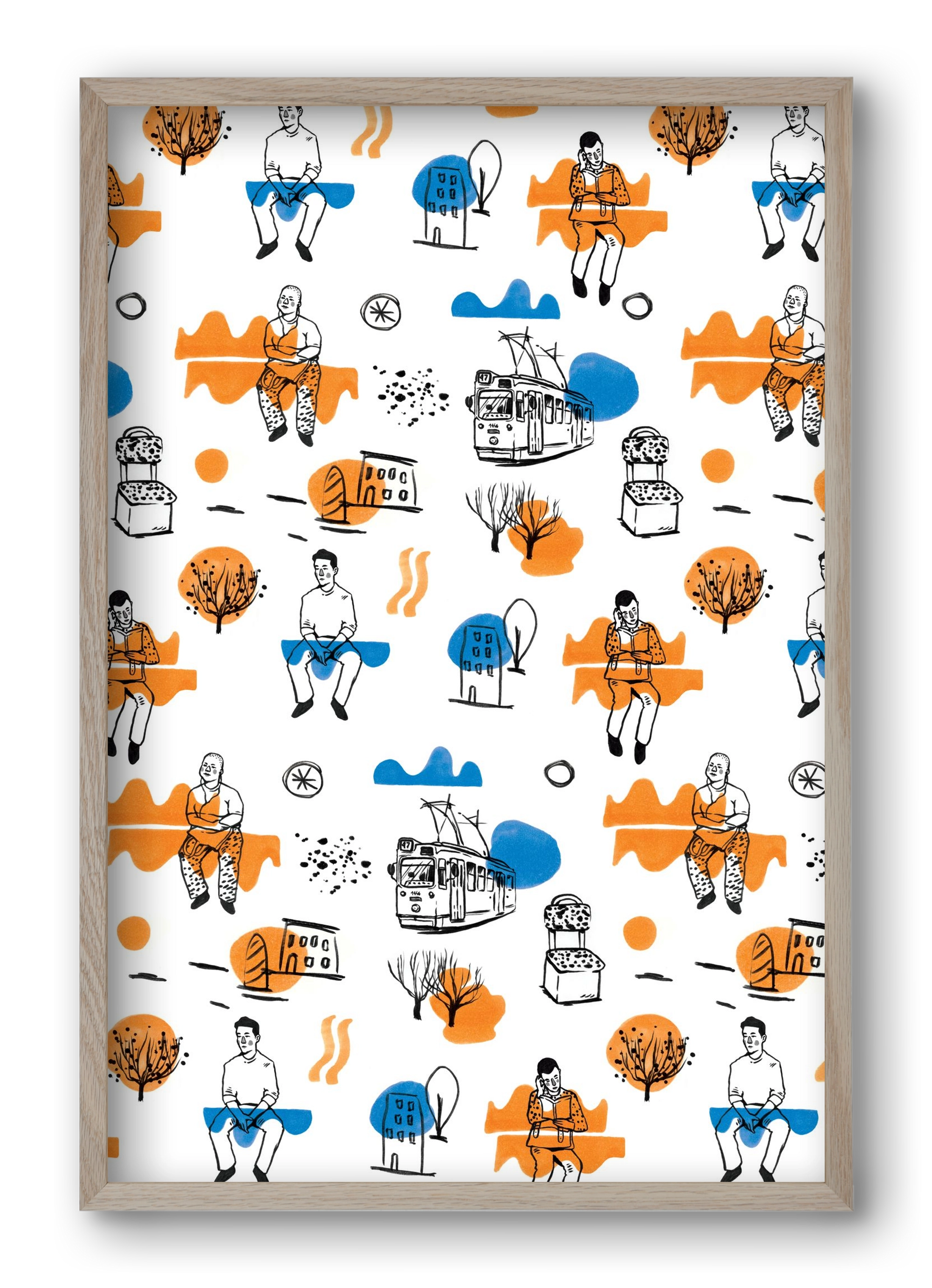Utasok és villamosok, 40x60 cm (40x60 cm), Tölgy keret