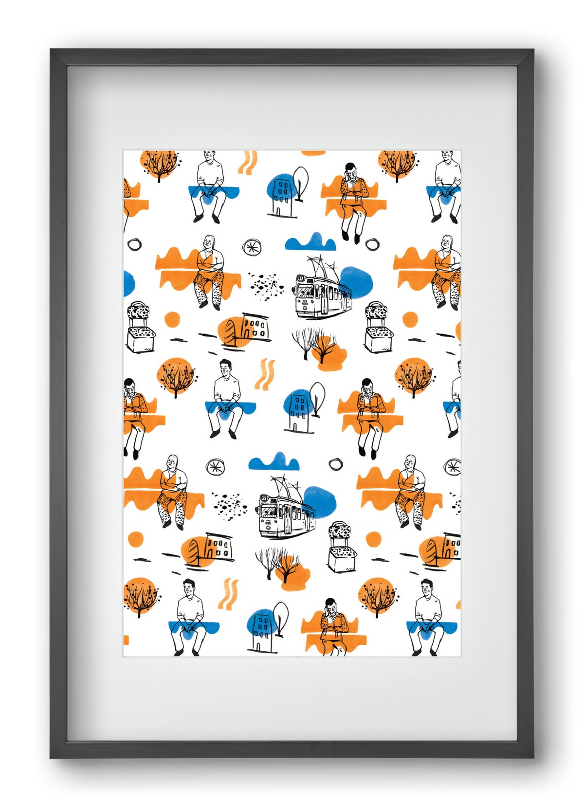 Utasok és villamosok, 40x60 cm (30x45 cm), Fekete keret, paszpartuval