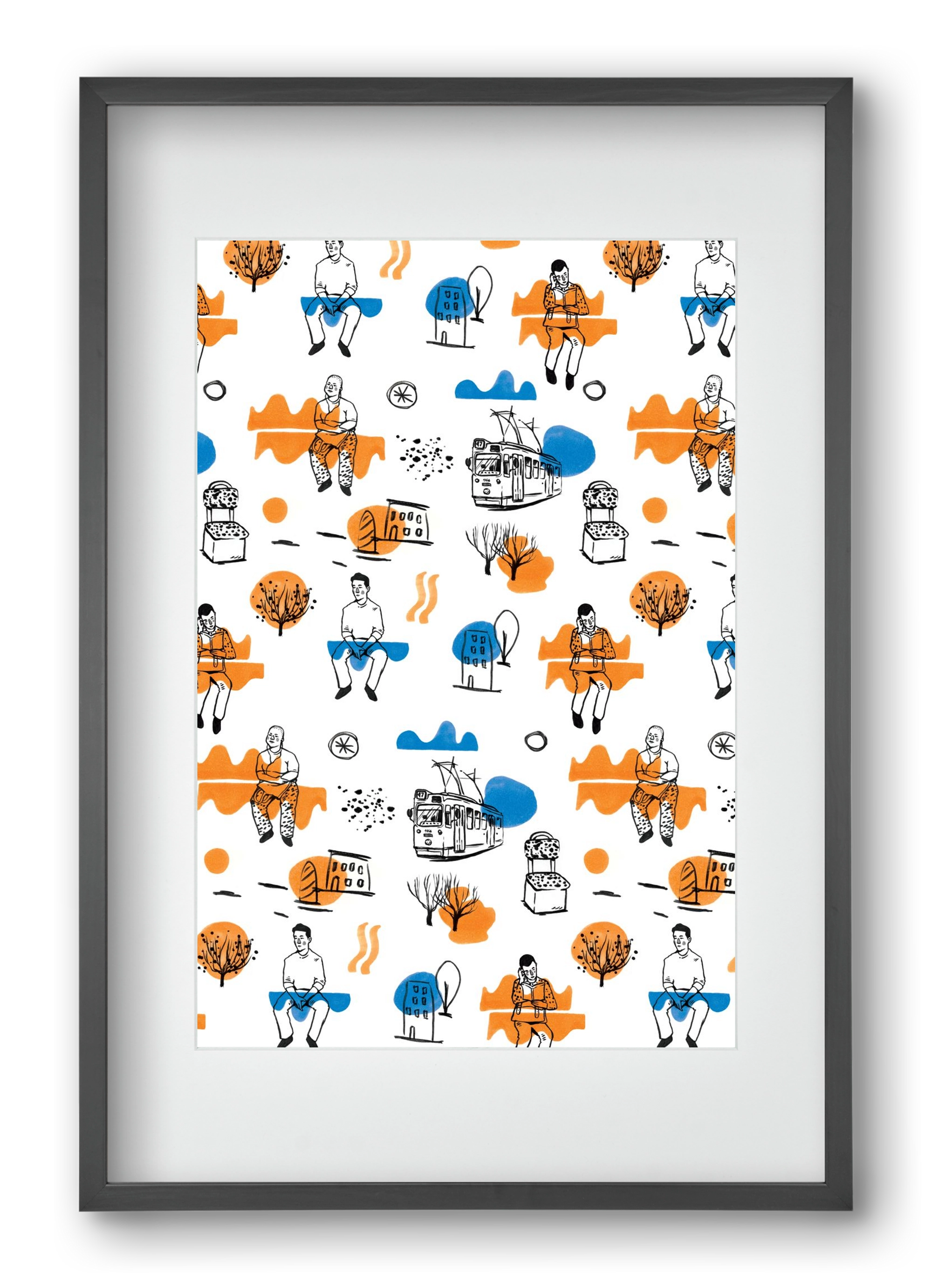 Utasok és villamosok, 40x60 cm (30x45 cm), Fekete keret, paszpartuval