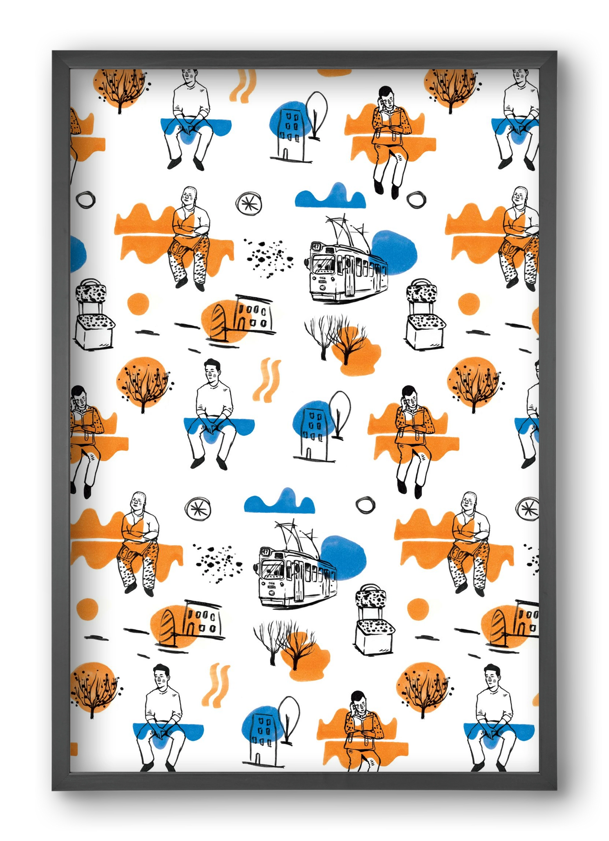 Utasok és villamosok, 40x60 cm (40x60 cm), Fekete keret