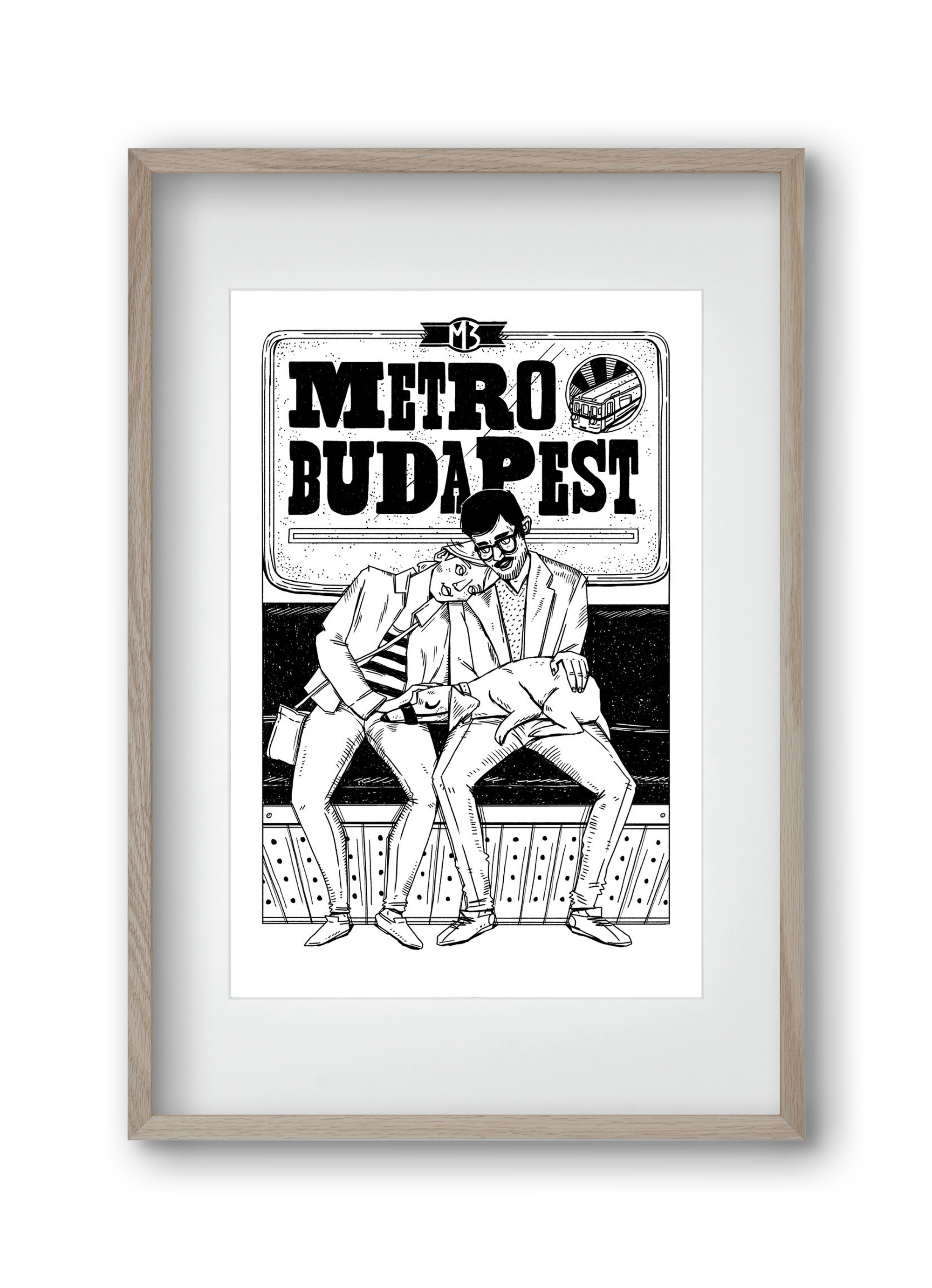 M3 metro kutyával, 30x45 cm (20x30 cm), Tölgy keret, paszpartuval