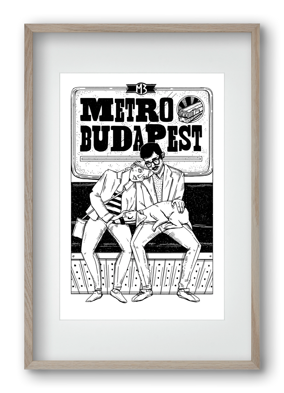 M3 metro kutyával, 40x60 cm (30x45 cm), Tölgy keret, paszpartuval