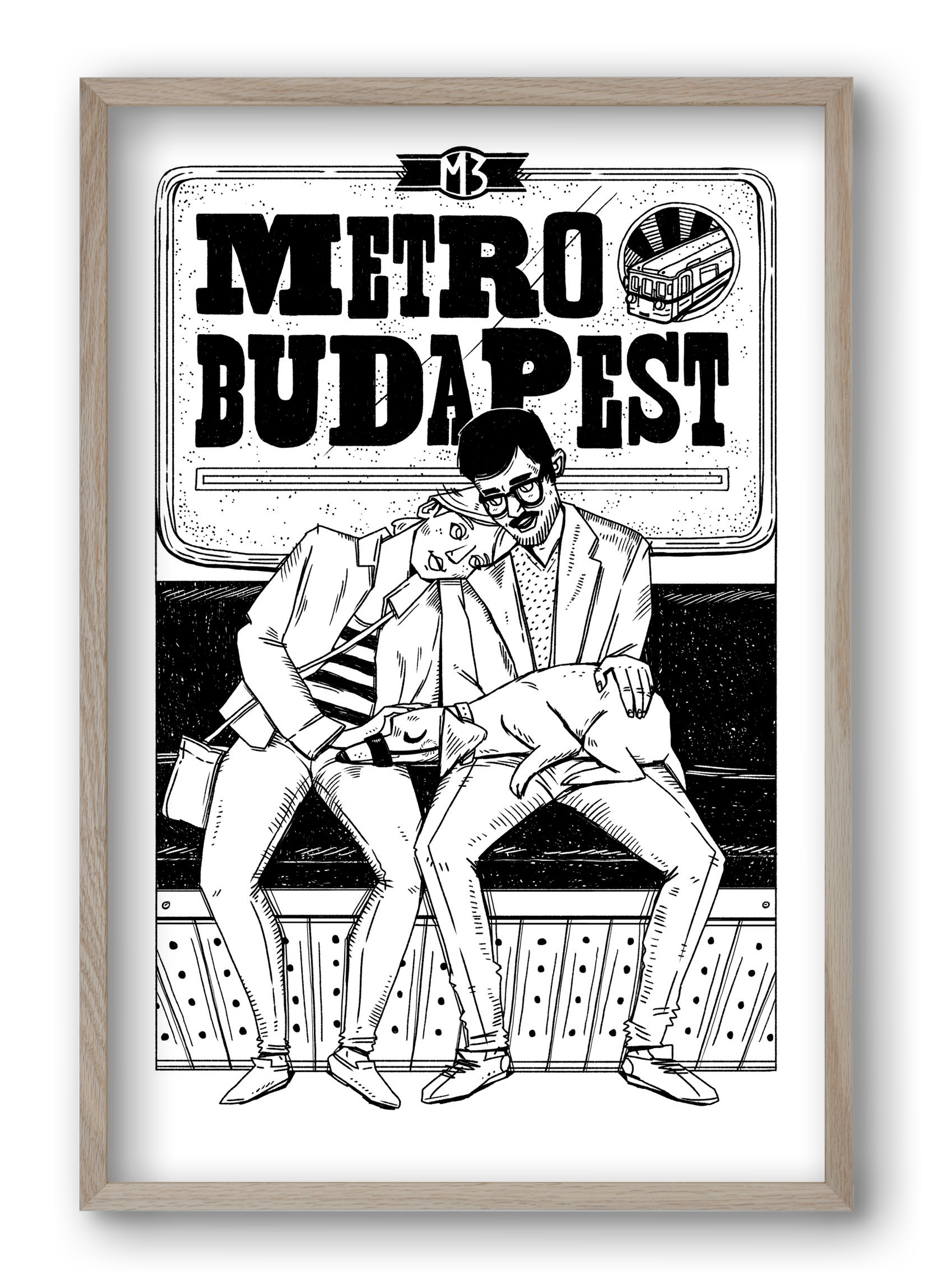 M3 metro kutyával, 40x60 cm (40x60 cm), Tölgy keret