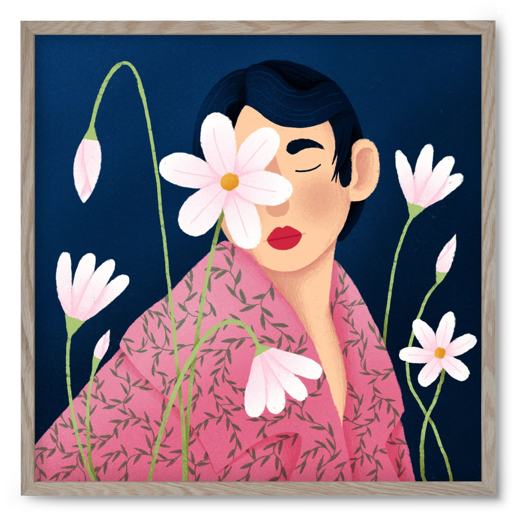 Női portré virágokkal, 50x50 cm (50x50 cm), Tölgy keret