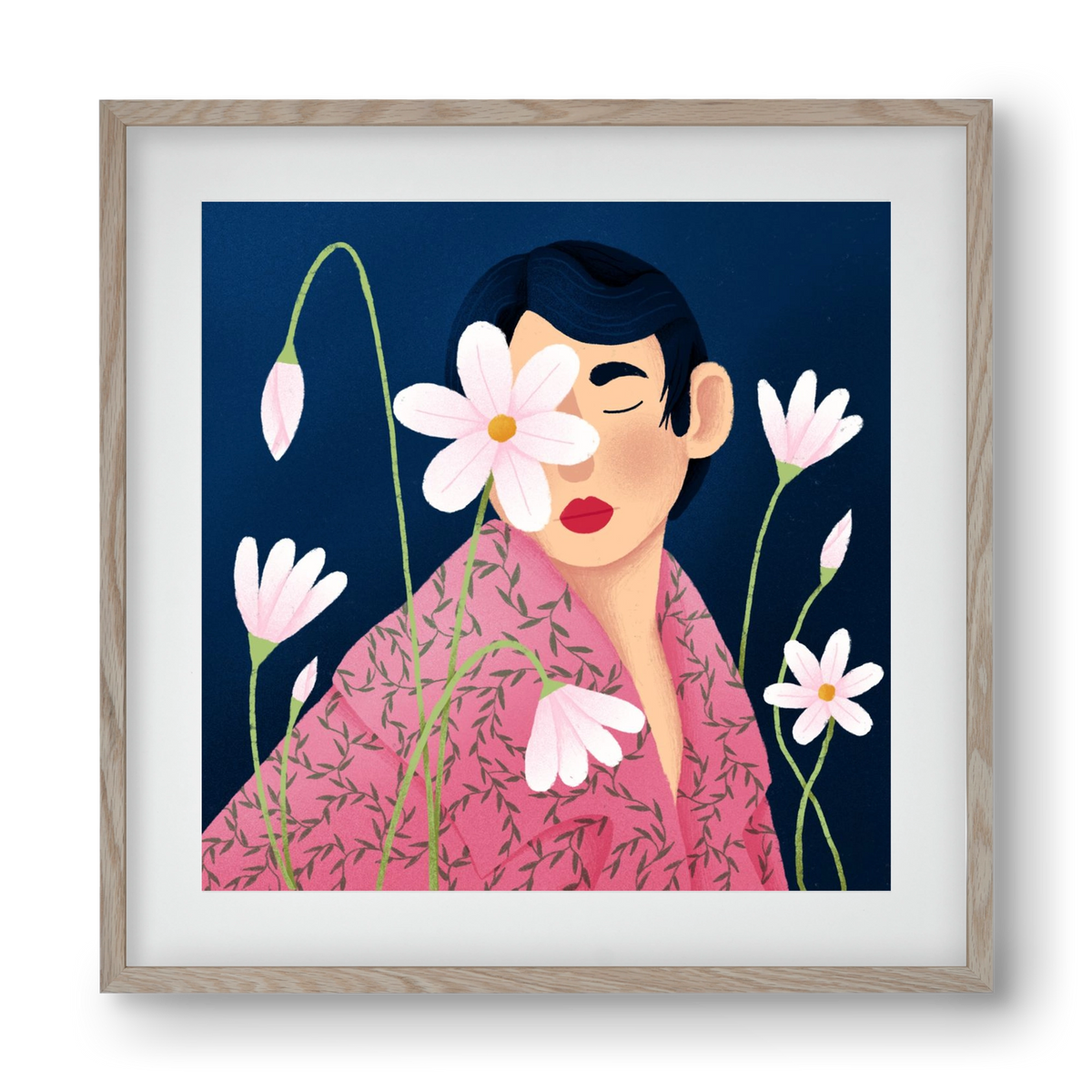 Női portré virágokkal, 40x40 cm (30x30 cm), Tölgy keret, paszpartuval