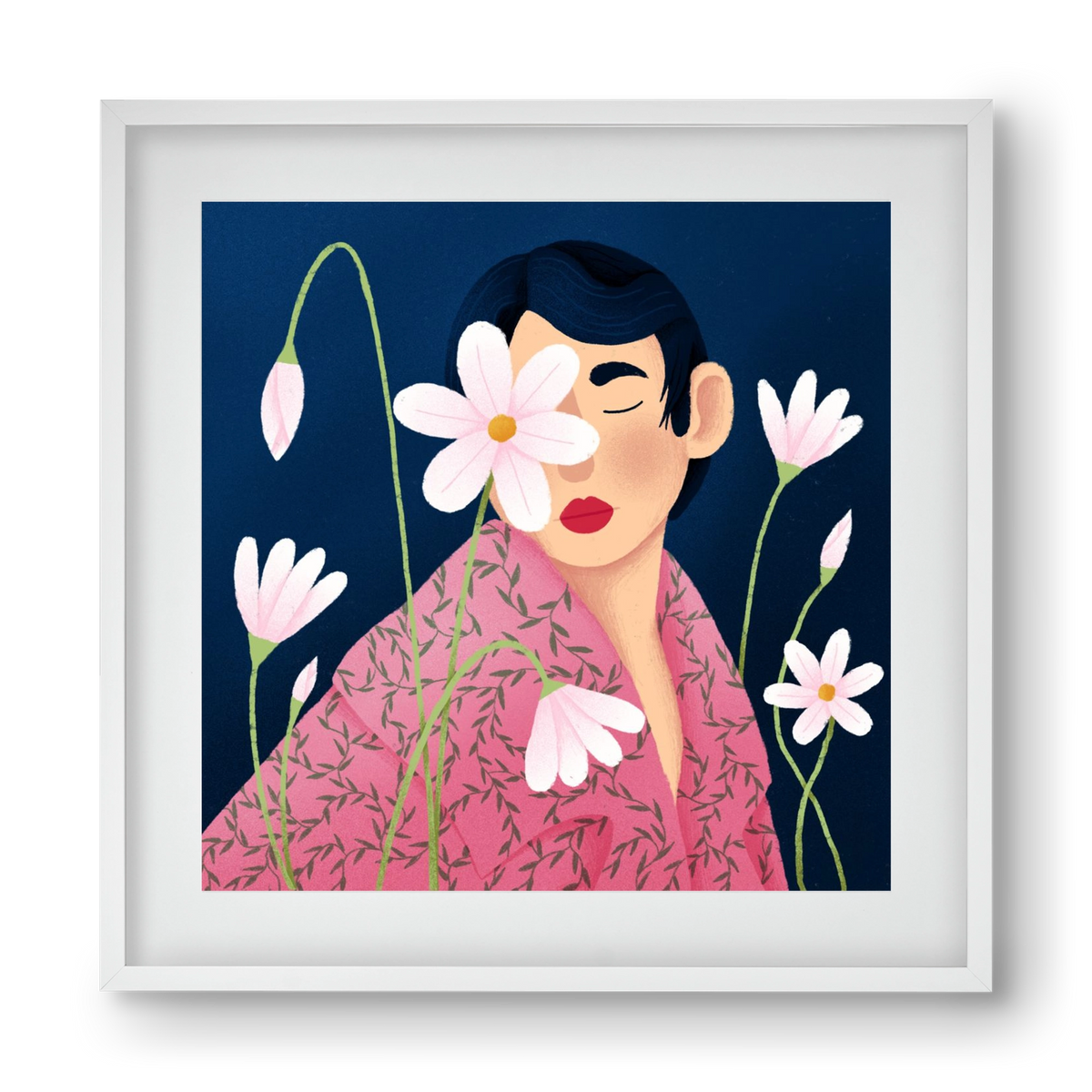Női portré virágokkal, 40x40 cm (30x30 cm), Fehér keret, paszpartuval