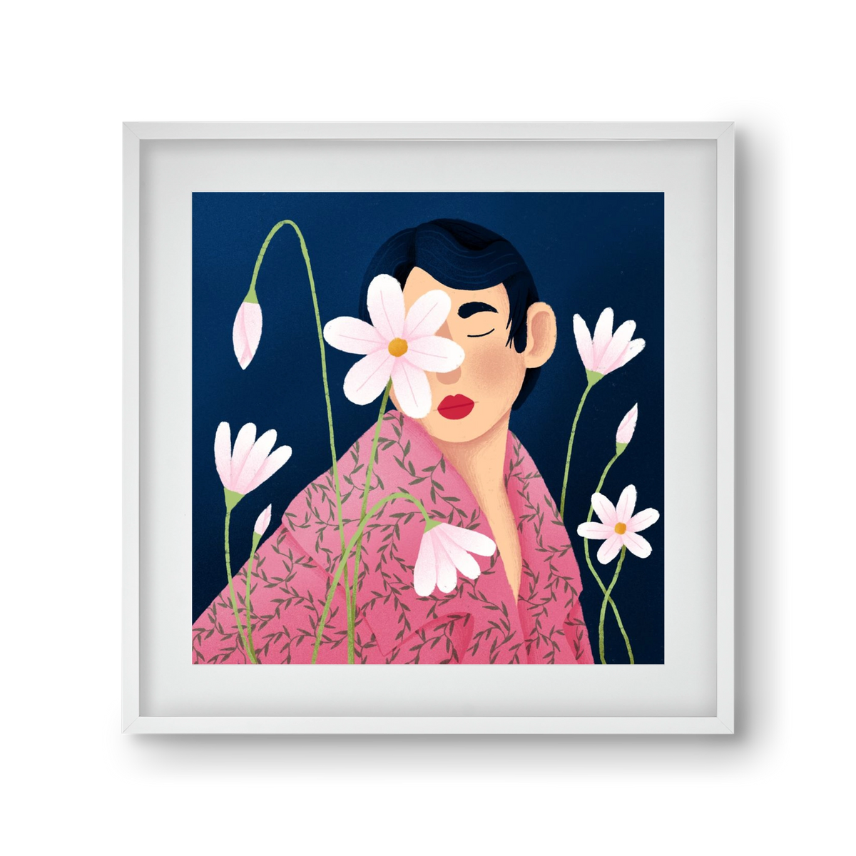 Női portré virágokkal, 30x30 cm (20x20 cm), Fehér keret, paszpartuval