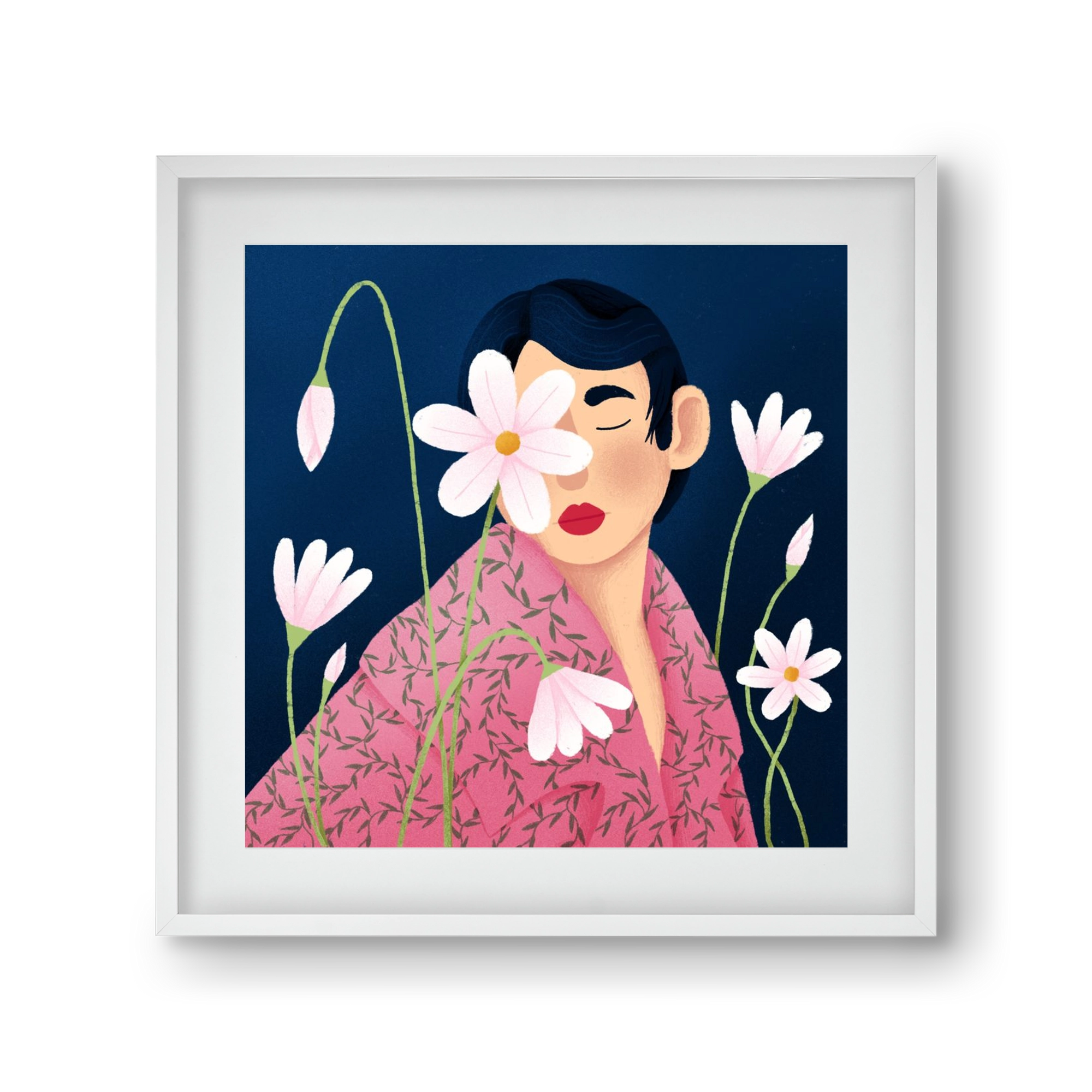 Női portré virágokkal, 30x30 cm (20x20 cm), Fehér keret, paszpartuval