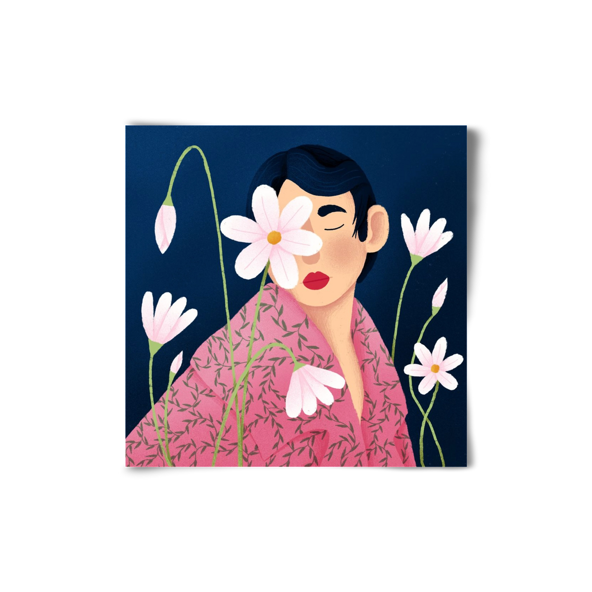 Női portré virágokkal, 20x20 cm, Keret nélkül