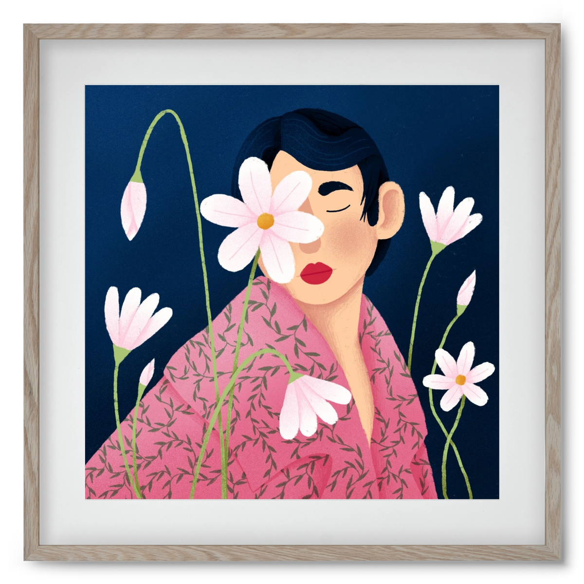 Női portré virágokkal, 50x50 cm (40x40 cm), Tölgy keret, paszpartuval
