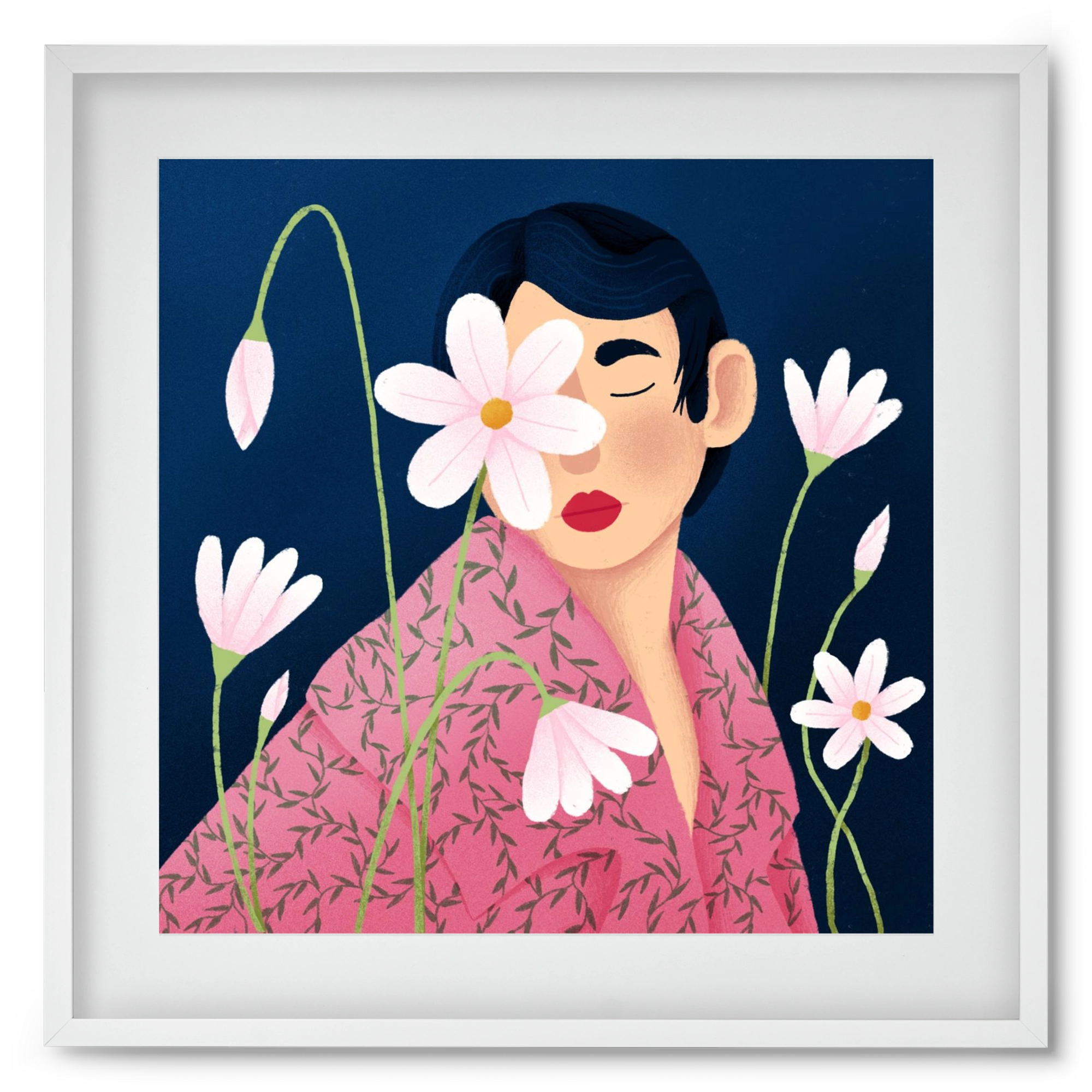 Női portré virágokkal, 50x50 cm (40x40 cm), Fehér keret, paszpartuval