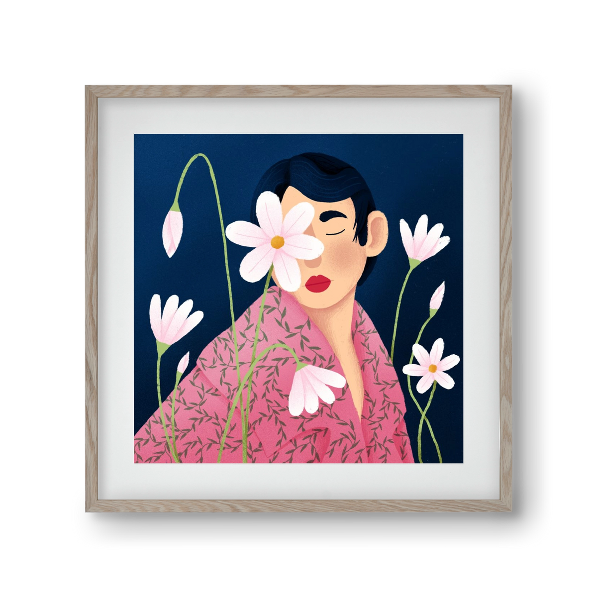 Női portré virágokkal, 30x30 cm (20x20 cm), Tölgy keret, paszpartuval