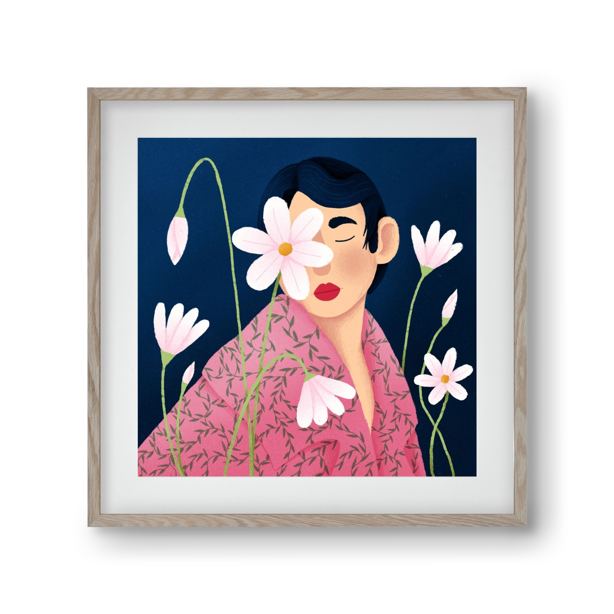Női portré virágokkal, 30x30 cm (20x20 cm), Tölgy keret, paszpartuval