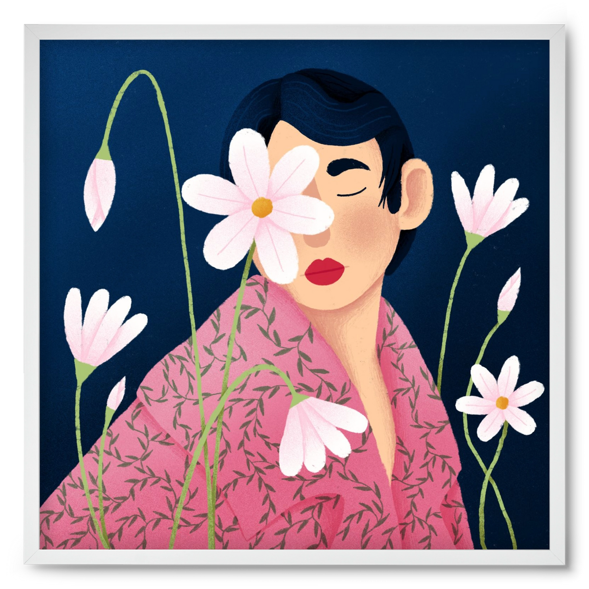 Női portré virágokkal, 50x50 cm (50x50 cm), Fehér keret