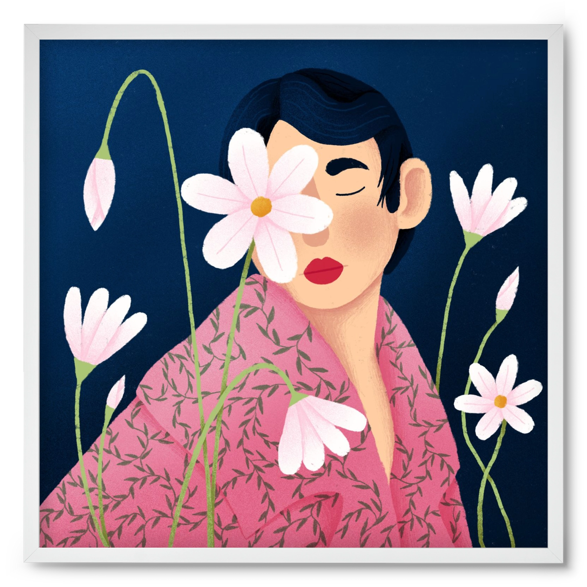 Női portré virágokkal, 50x50 cm (50x50 cm), Fehér keret