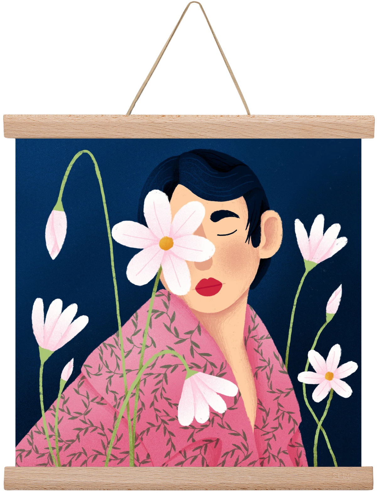 Női portré virágokkal, 30x30 cm (30x30 cm), Tölgy akasztó