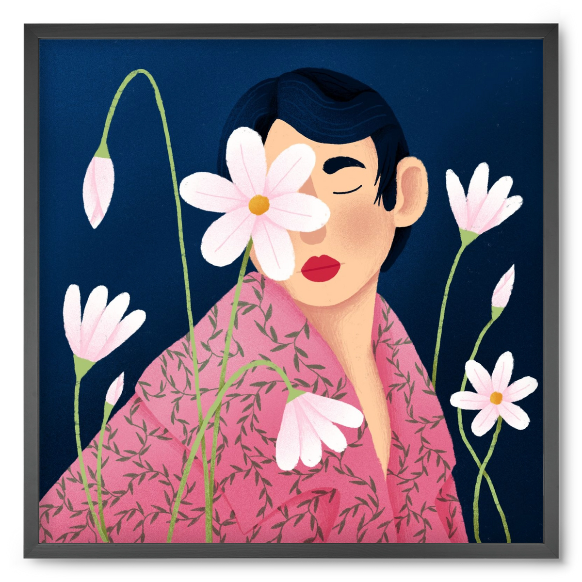 Női portré virágokkal, 50x50 cm (50x50 cm), Fekete keret