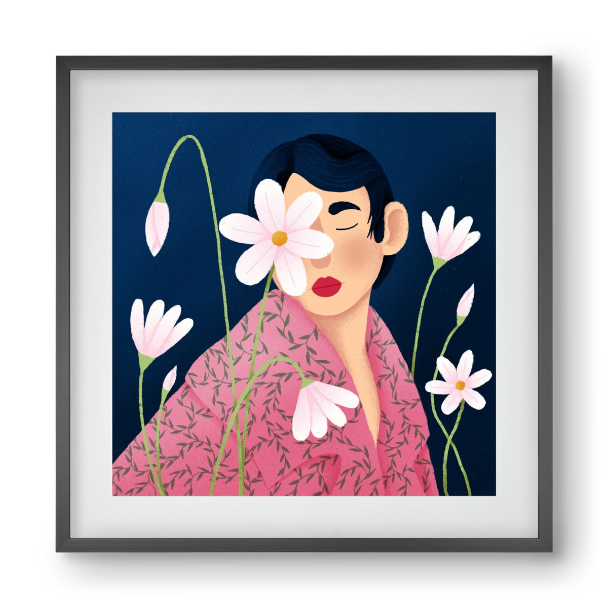 Női portré virágokkal, 40x40 cm (30x30 cm), Fekete keret, paszpartuval