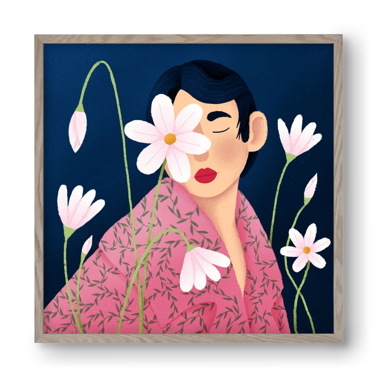 Női portré virágokkal, 40x40 cm (40x40 cm), Tölgy keret