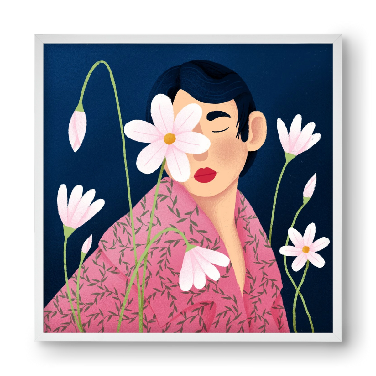 Női portré virágokkal, 40x40 cm (40x40 cm), Fehér keret