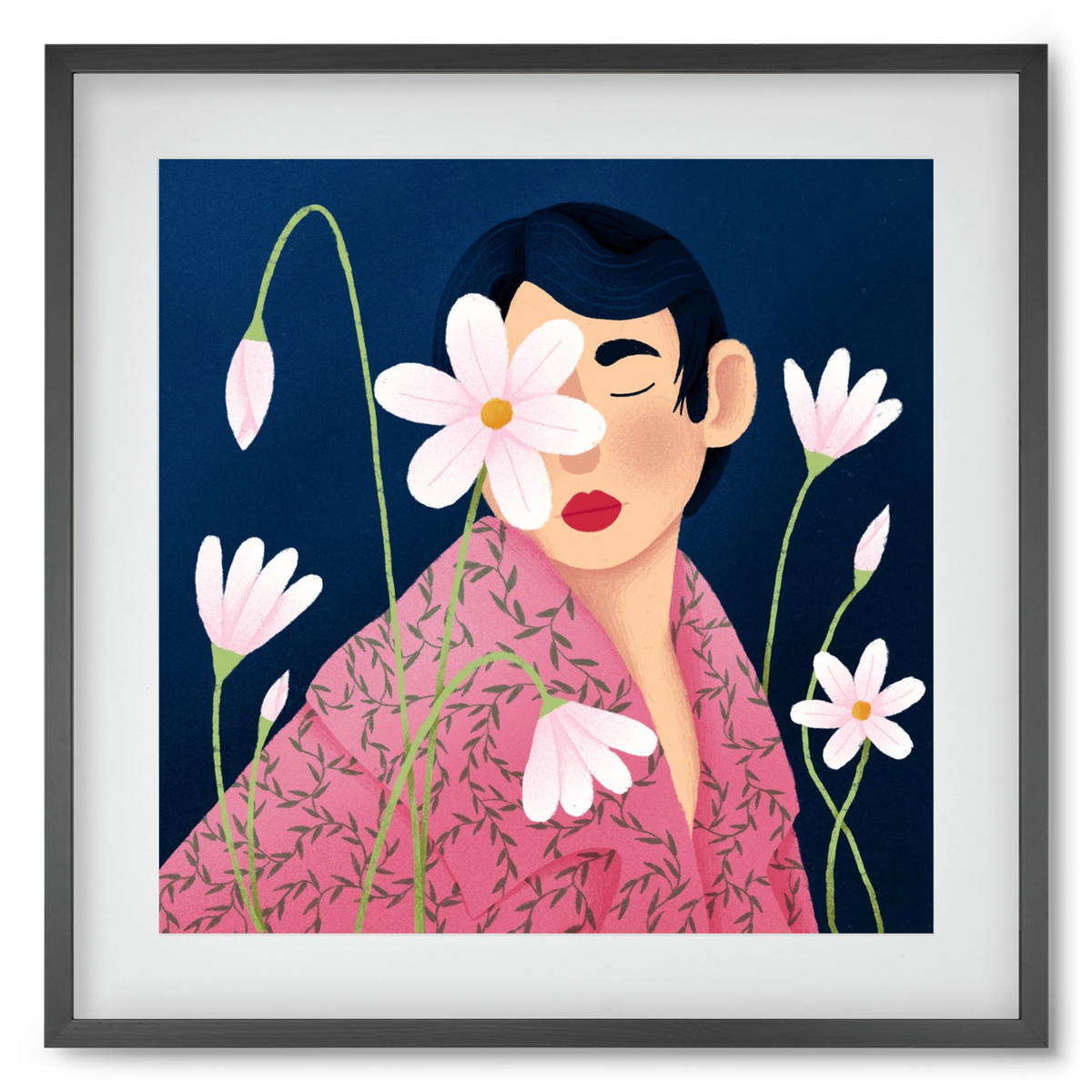 Női portré virágokkal, 50x50 cm (40x40 cm), Fekete keret, paszpartuval