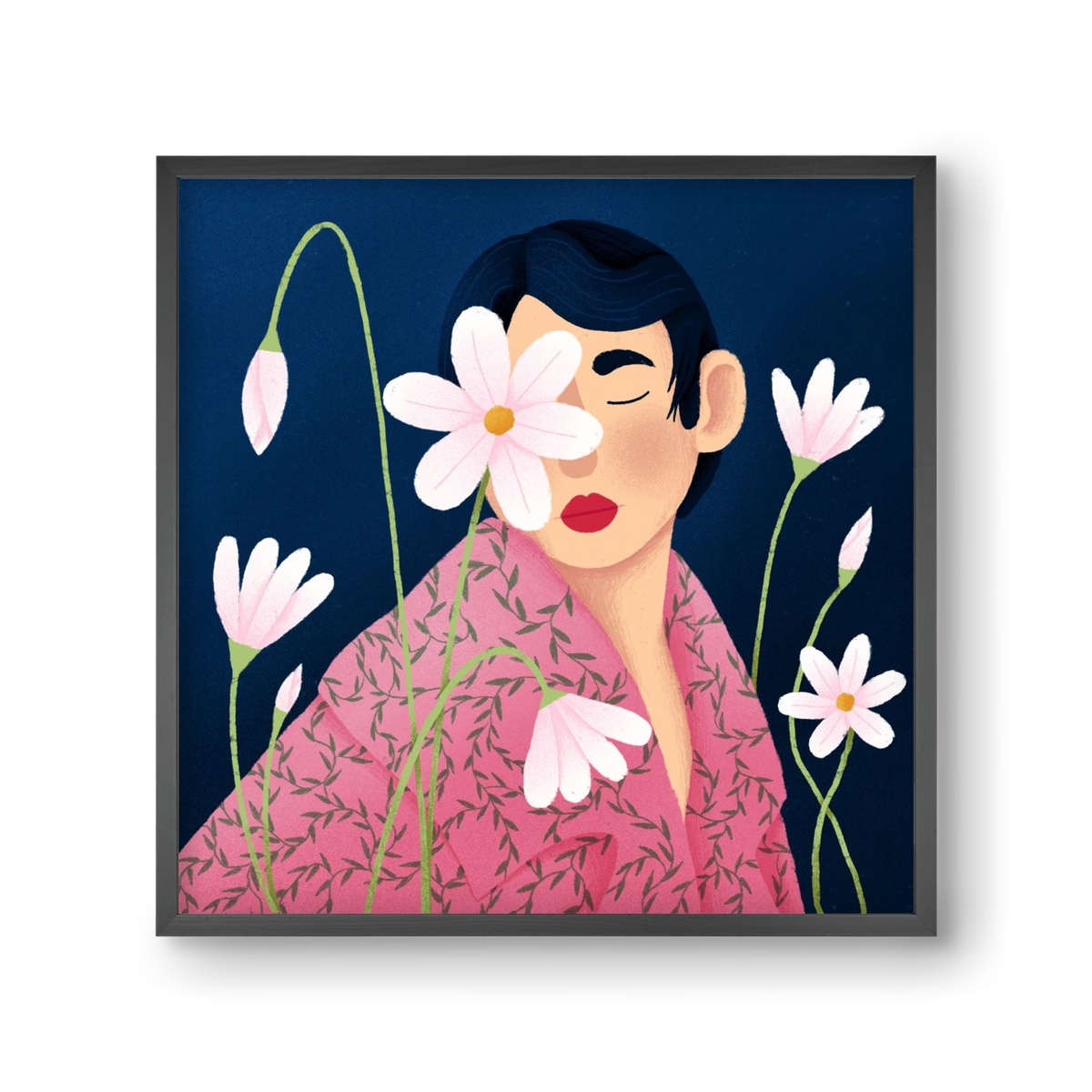 Női portré virágokkal, 30x30 cm (30x30 cm), Fekete keret
