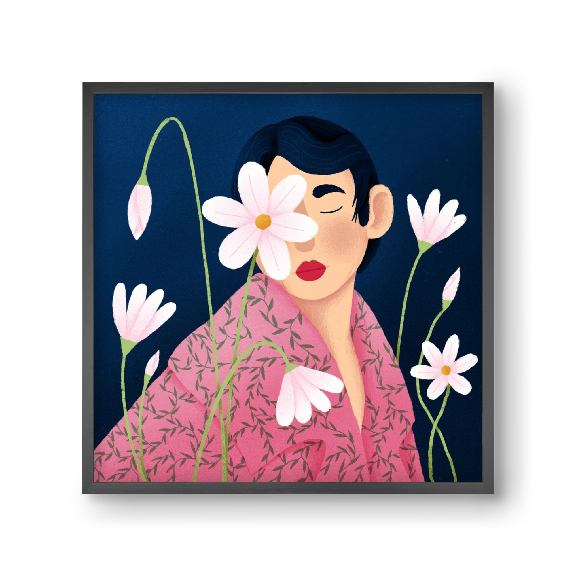 Női portré virágokkal, 30x30 cm (30x30 cm), Fekete keret