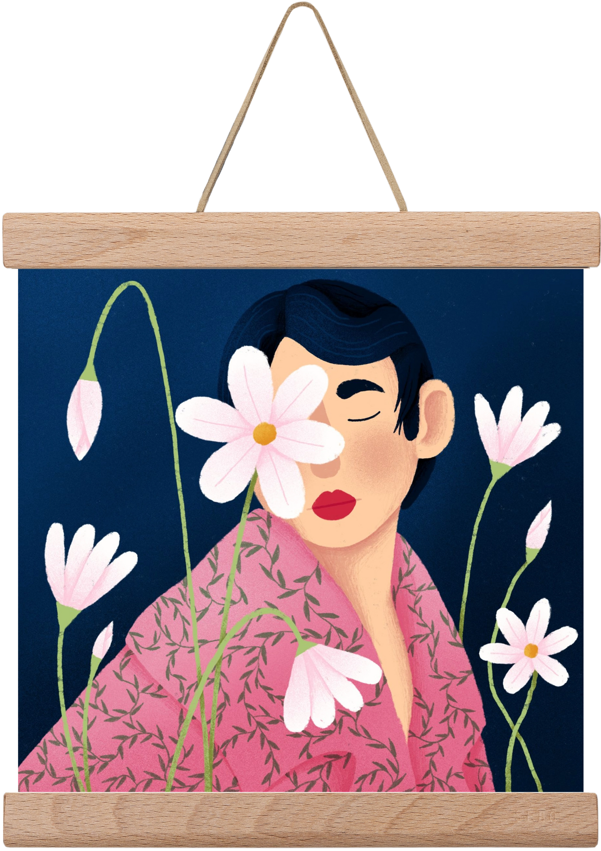 Női portré virágokkal, 20x20 cm (20x20 cm), Tölgy akasztó
