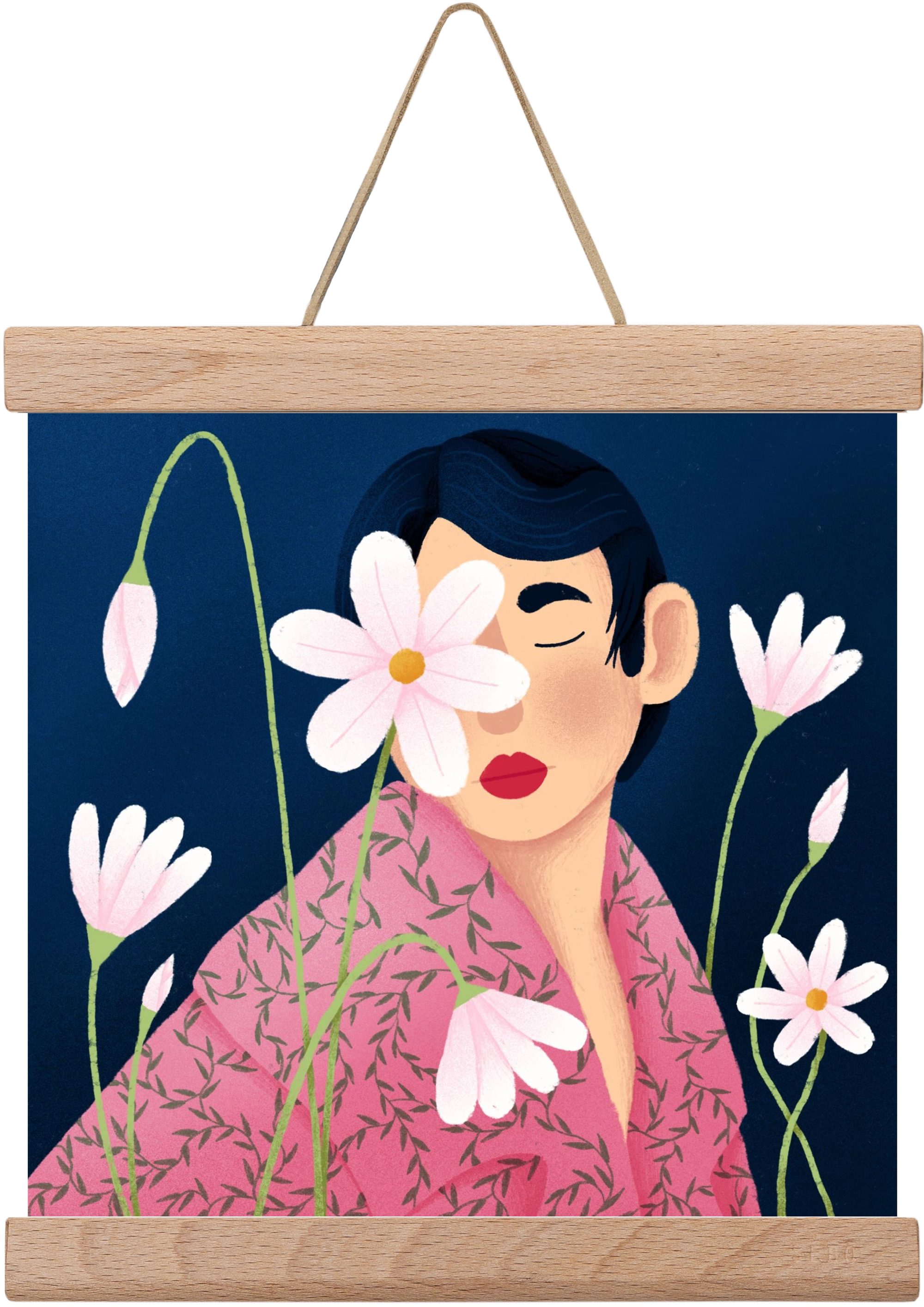 Női portré virágokkal, 20x20 cm (20x20 cm), Tölgy akasztó