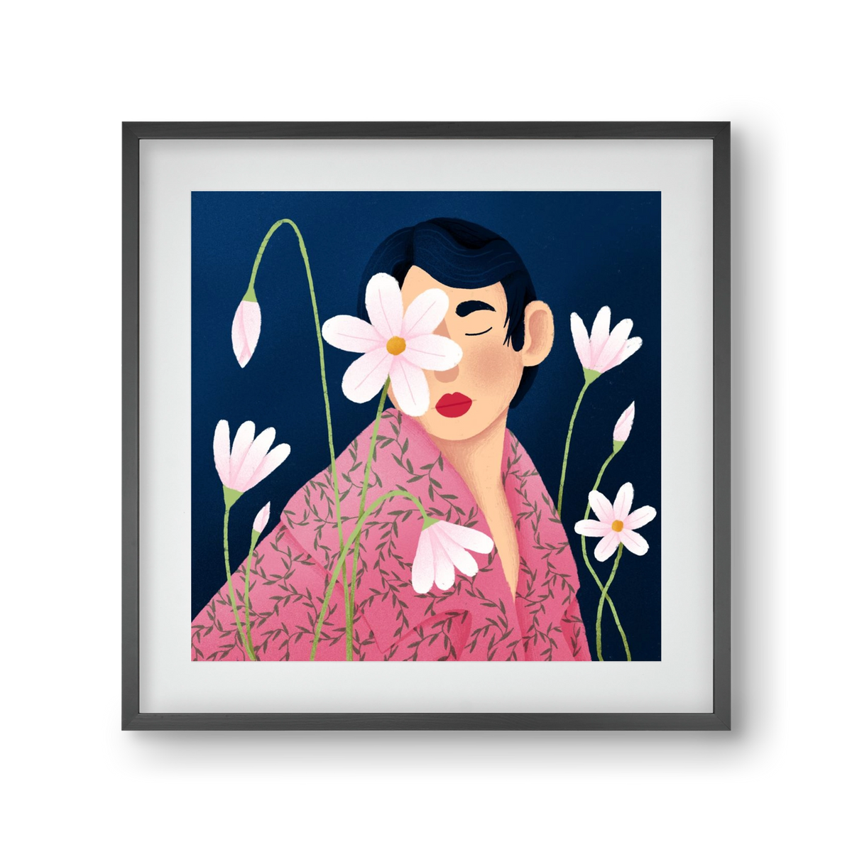 Női portré virágokkal, 30x30 cm (20x20 cm), Fekete keret, paszpartuval