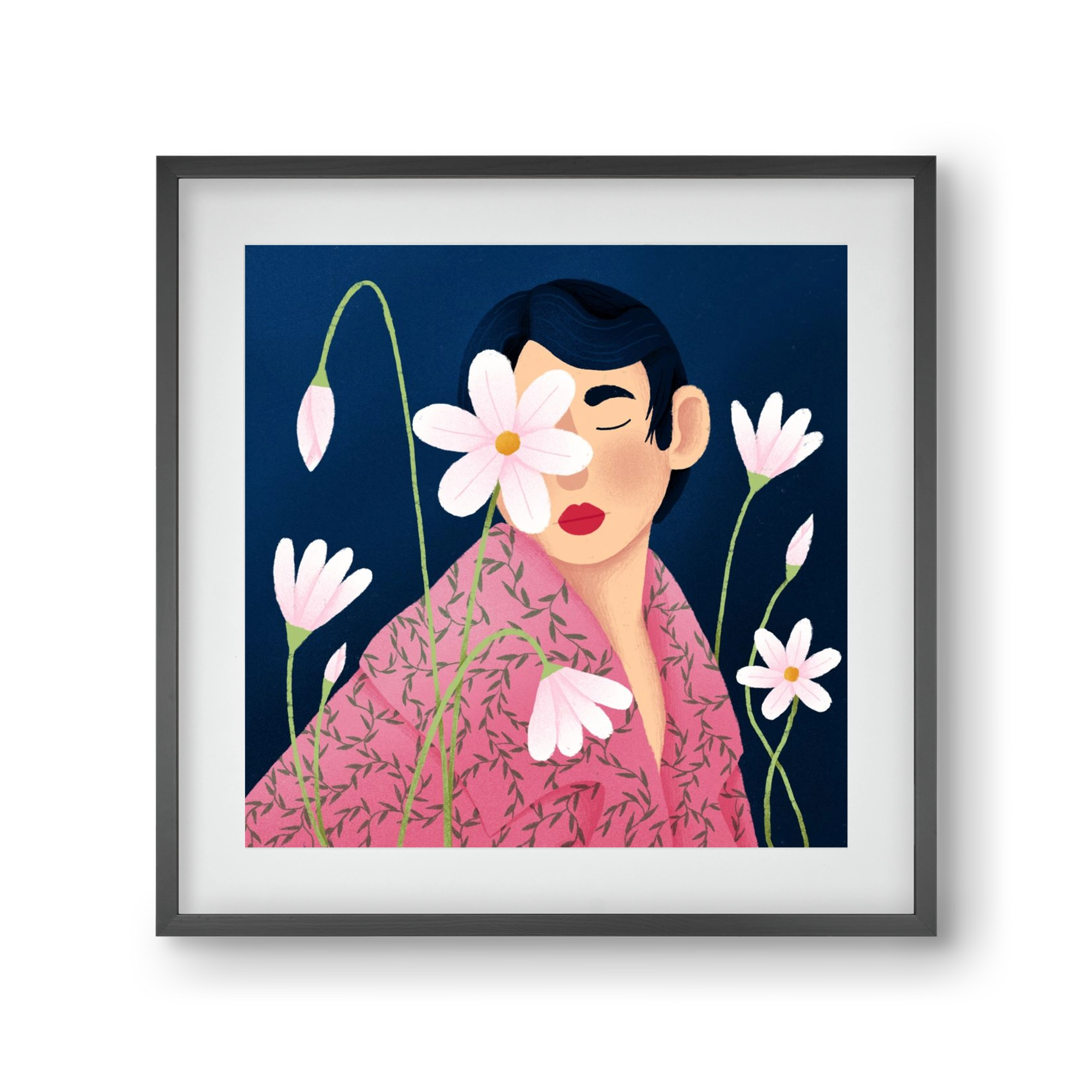 Női portré virágokkal, 30x30 cm (20x20 cm), Fekete keret, paszpartuval