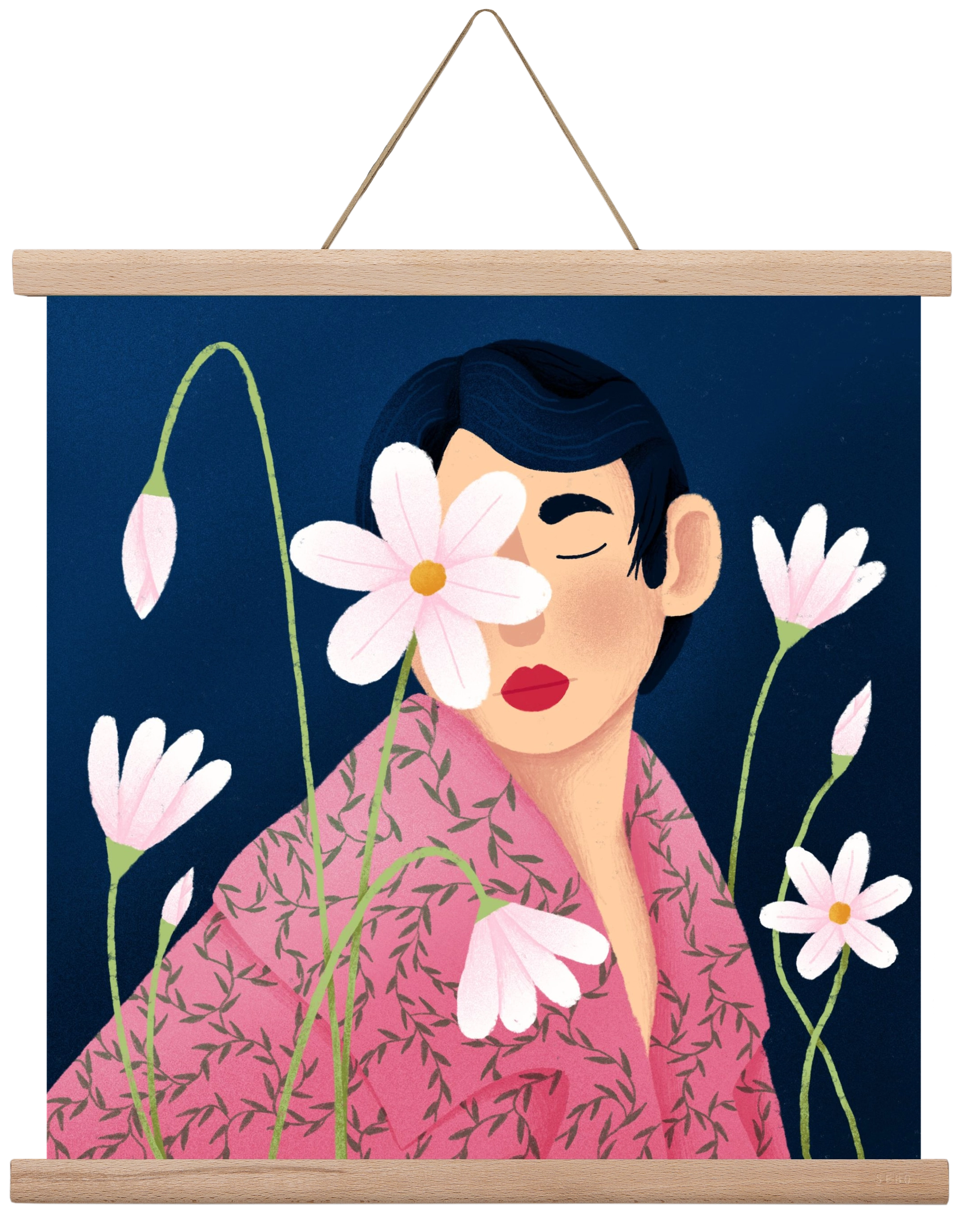 Női portré virágokkal, 40x40 cm (40x40 cm), Tölgy akasztó