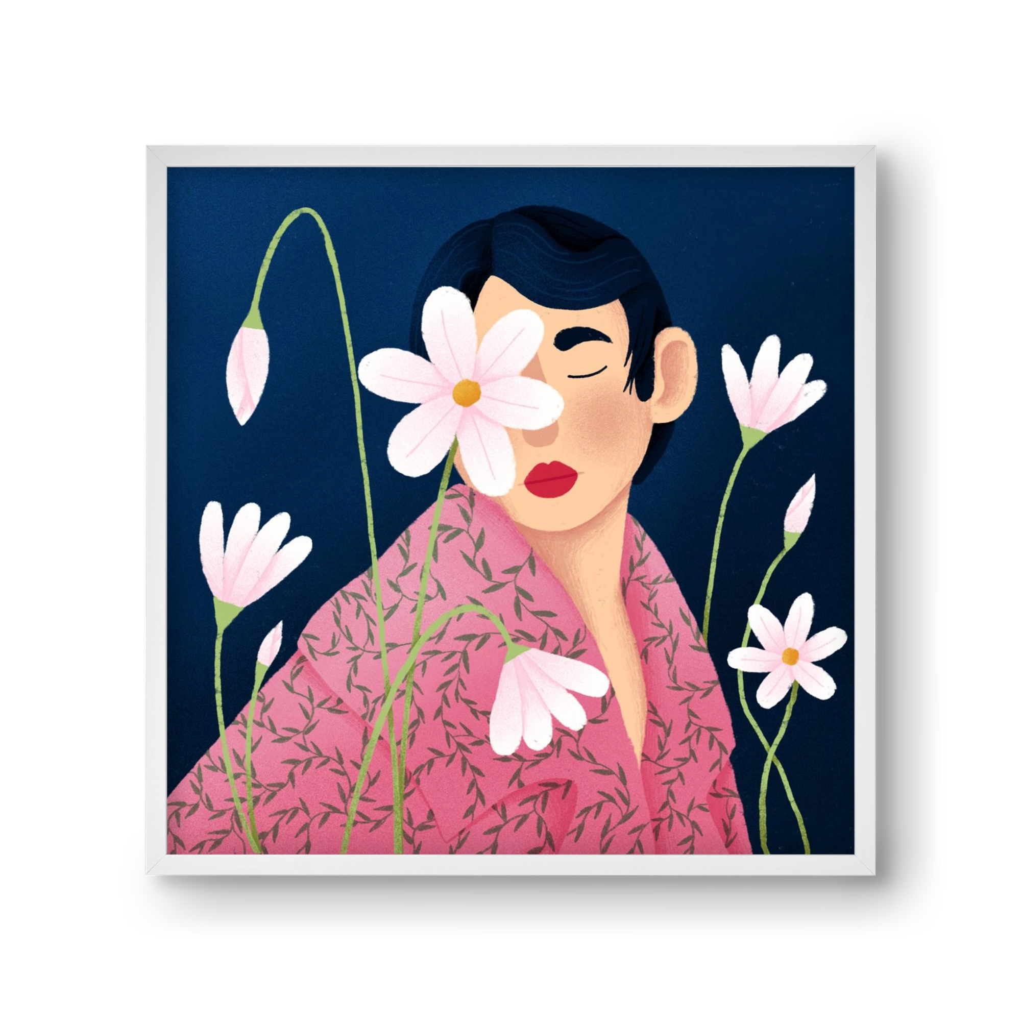 Női portré virágokkal, 30x30 cm (30x30 cm), Fehér keret