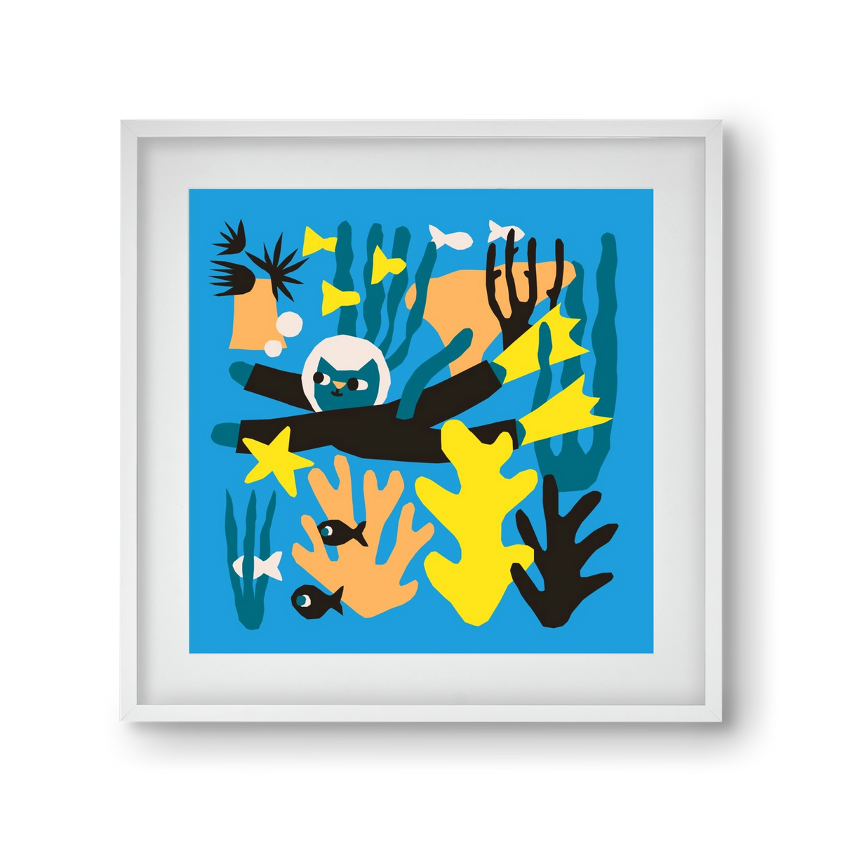 Diving Cat, 30x30 cm (20x20 cm), Fehér keret, paszpartuval