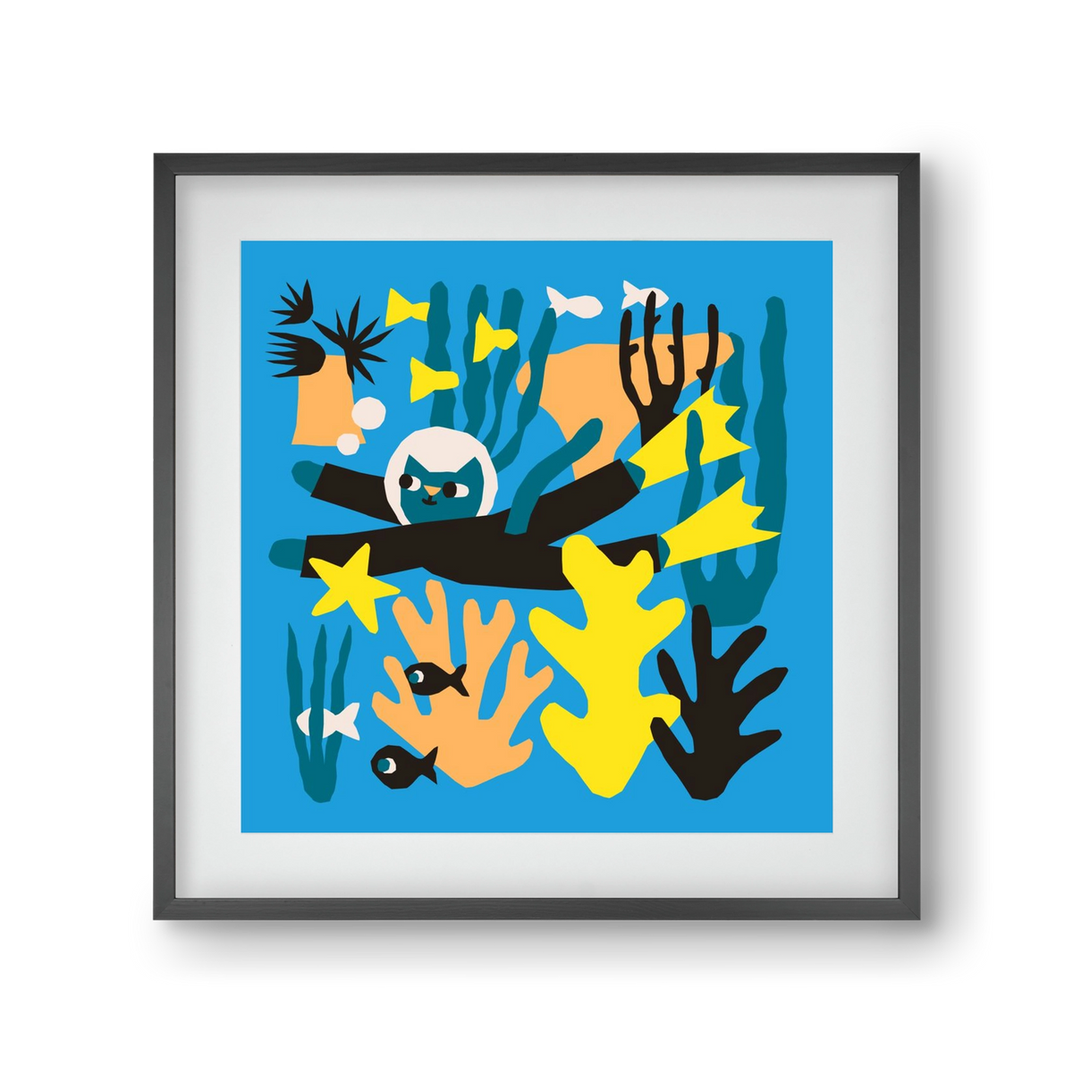 Diving Cat, 30x30 cm (20x20 cm), Fekete keret, paszpartuval