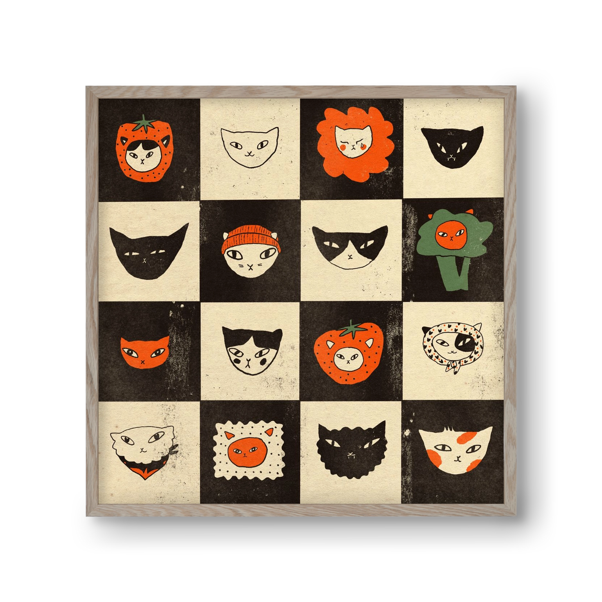 CAT BINGO no 03. , 30x30 cm (30x30 cm), Tölgy keret